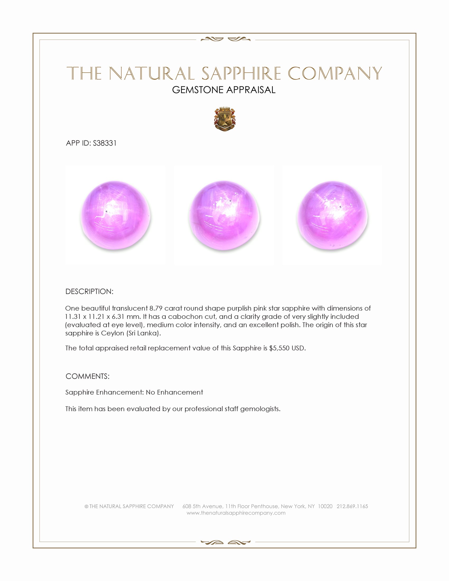 8.79 Ct. Purplish Pink Star Sapphire from Ceylon (Sri Lanka)