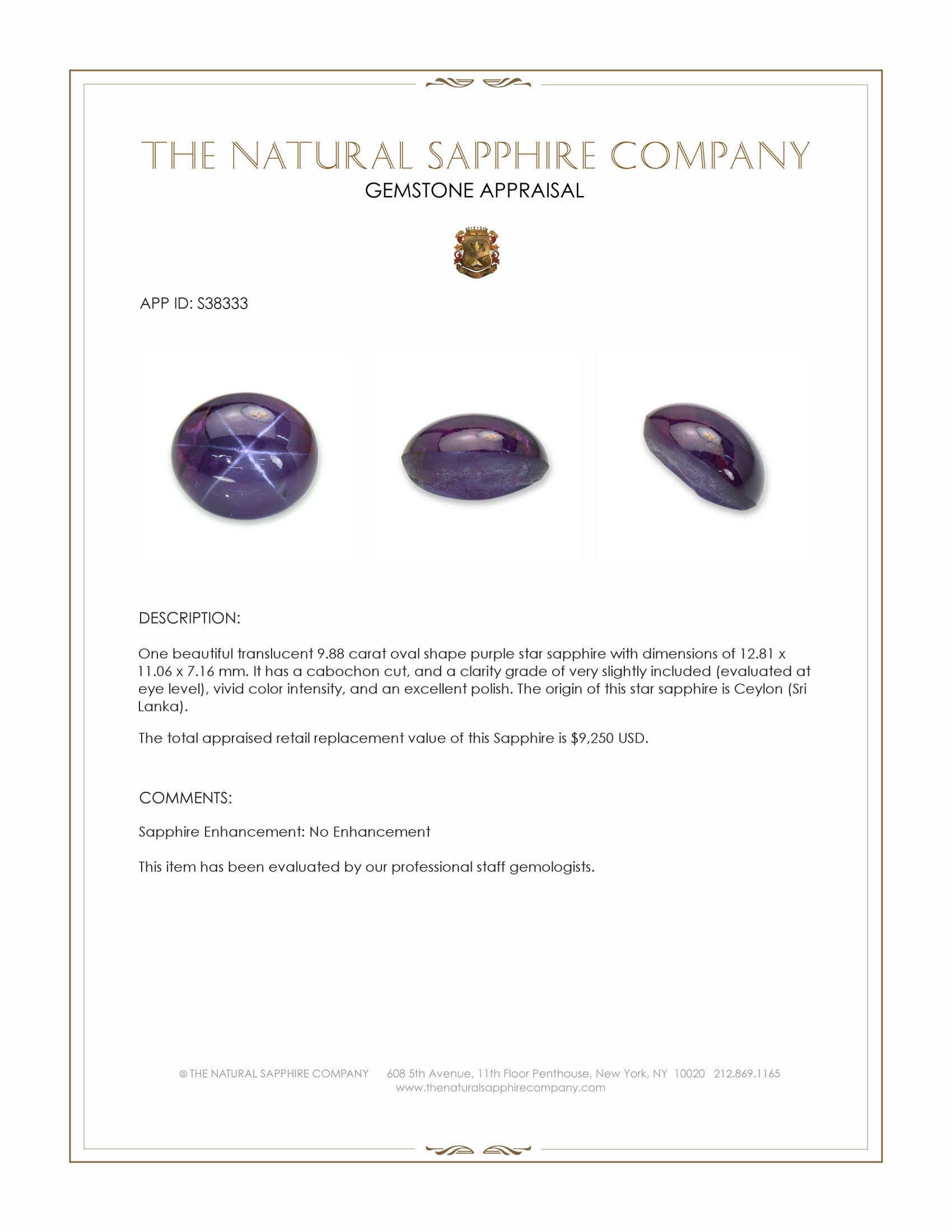 9.88 Ct. Purple Star Sapphire from Ceylon (Sri Lanka)
