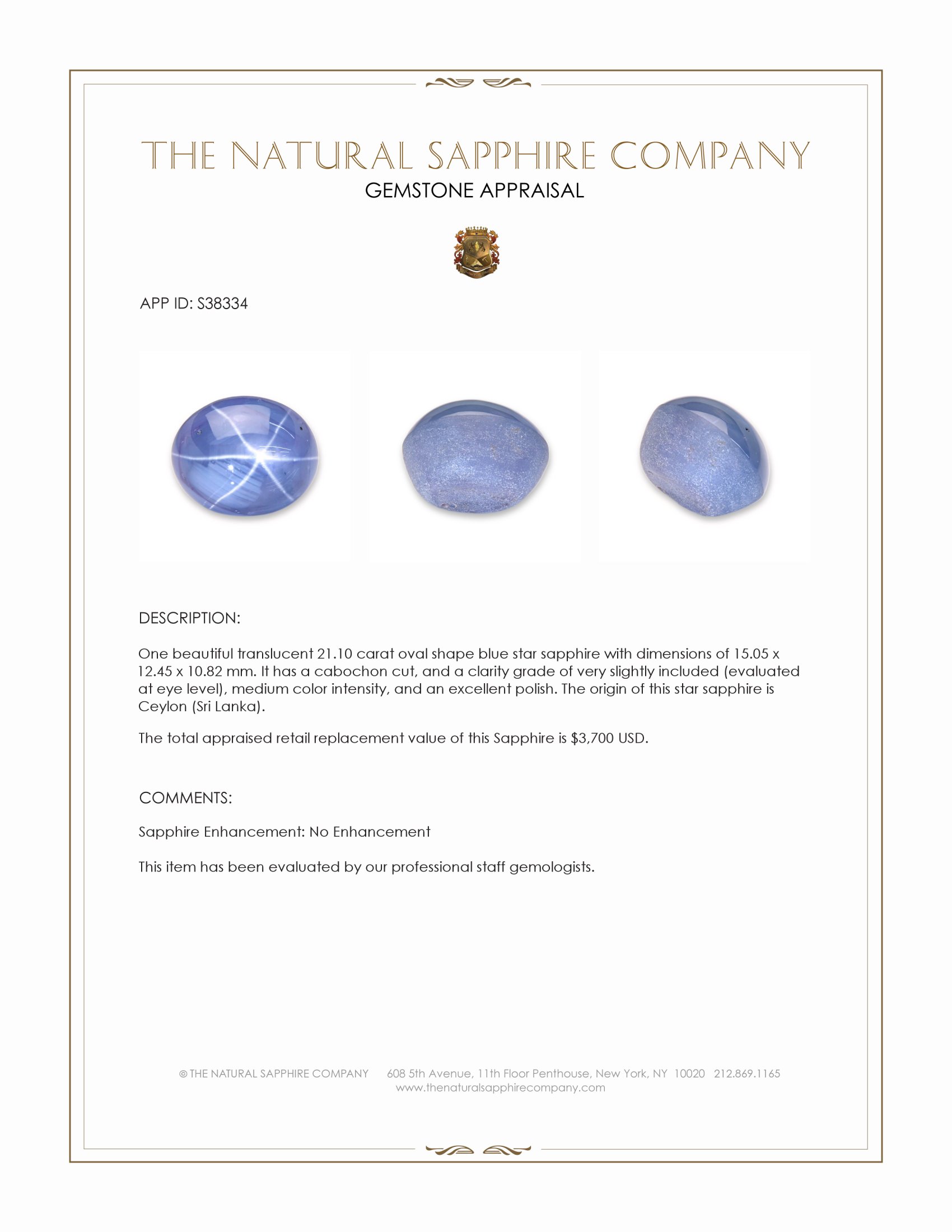 21.10 Ct. Blue Star Sapphire from Ceylon (Sri Lanka)