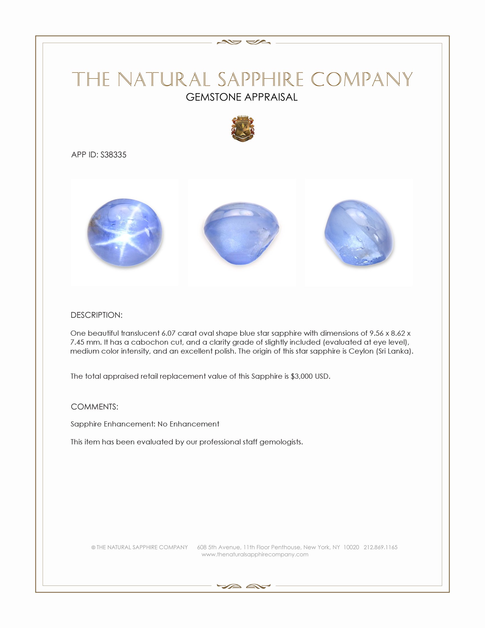 6.07 Ct. Blue Star Sapphire from Ceylon (Sri Lanka)
