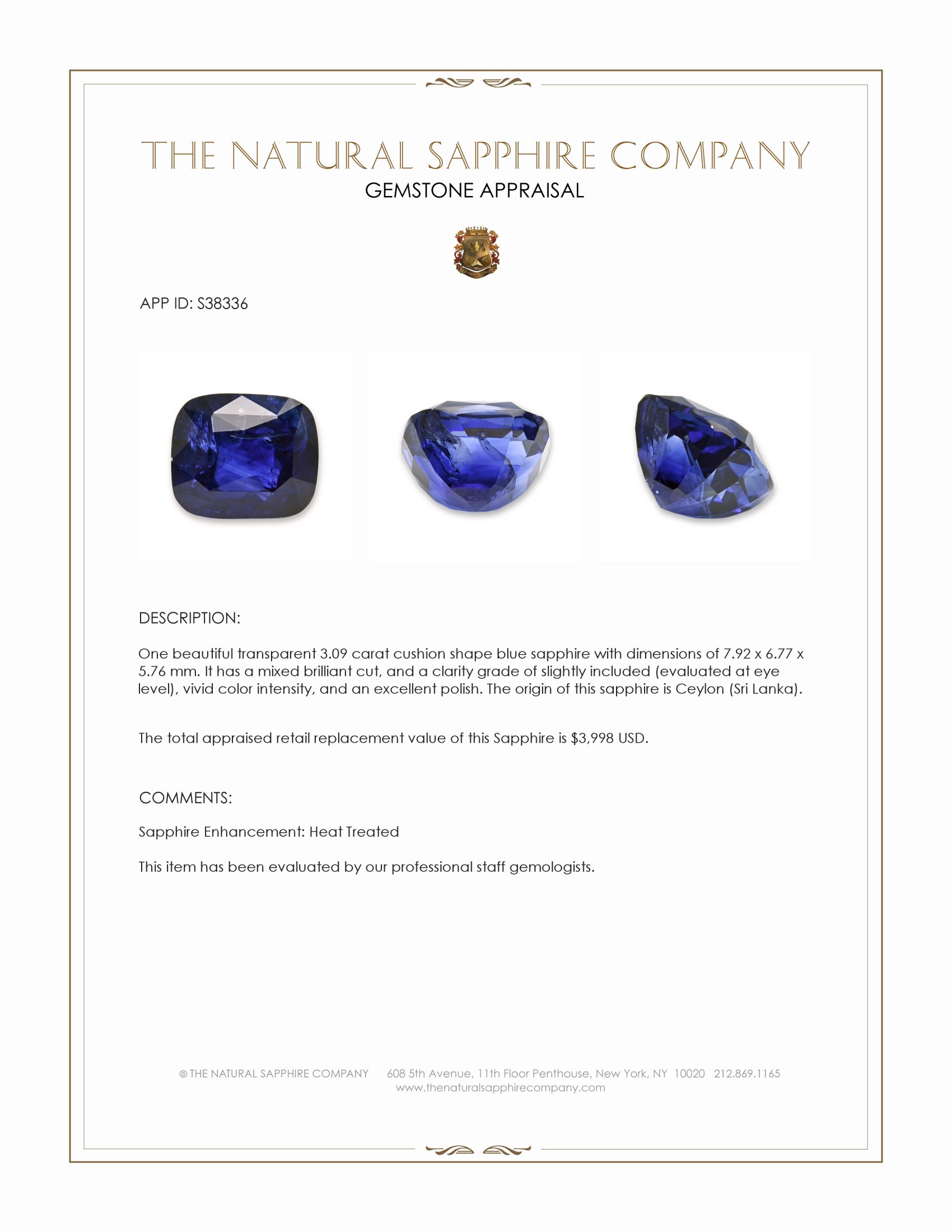 3.09 Ct. Blue Sapphire from Ceylon (Sri Lanka)