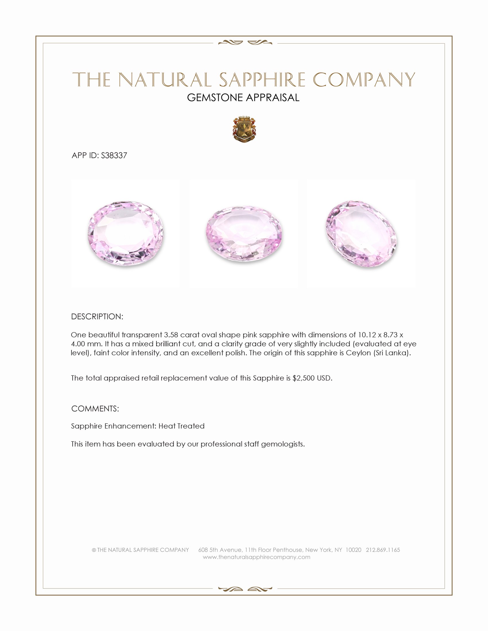 3.58 Ct. Pink Sapphire from Ceylon (Sri Lanka)