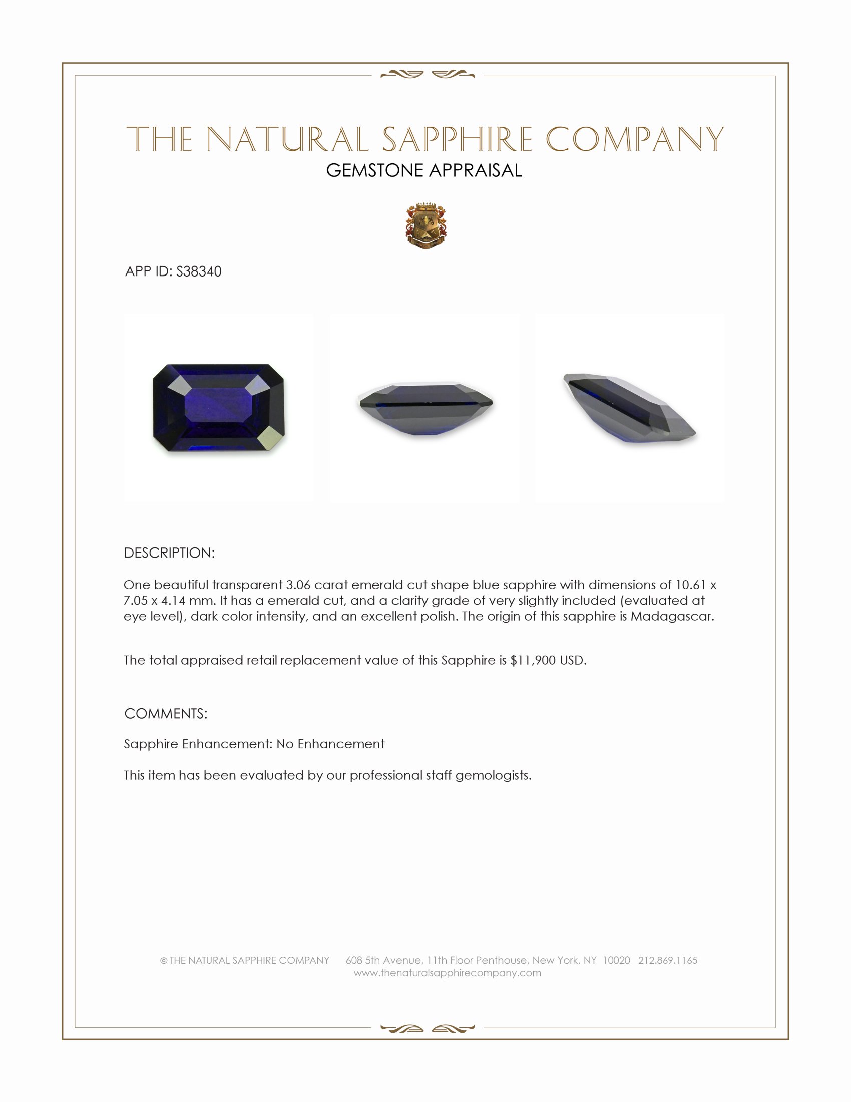 3.06 Ct. Blue Sapphire from Madagascar