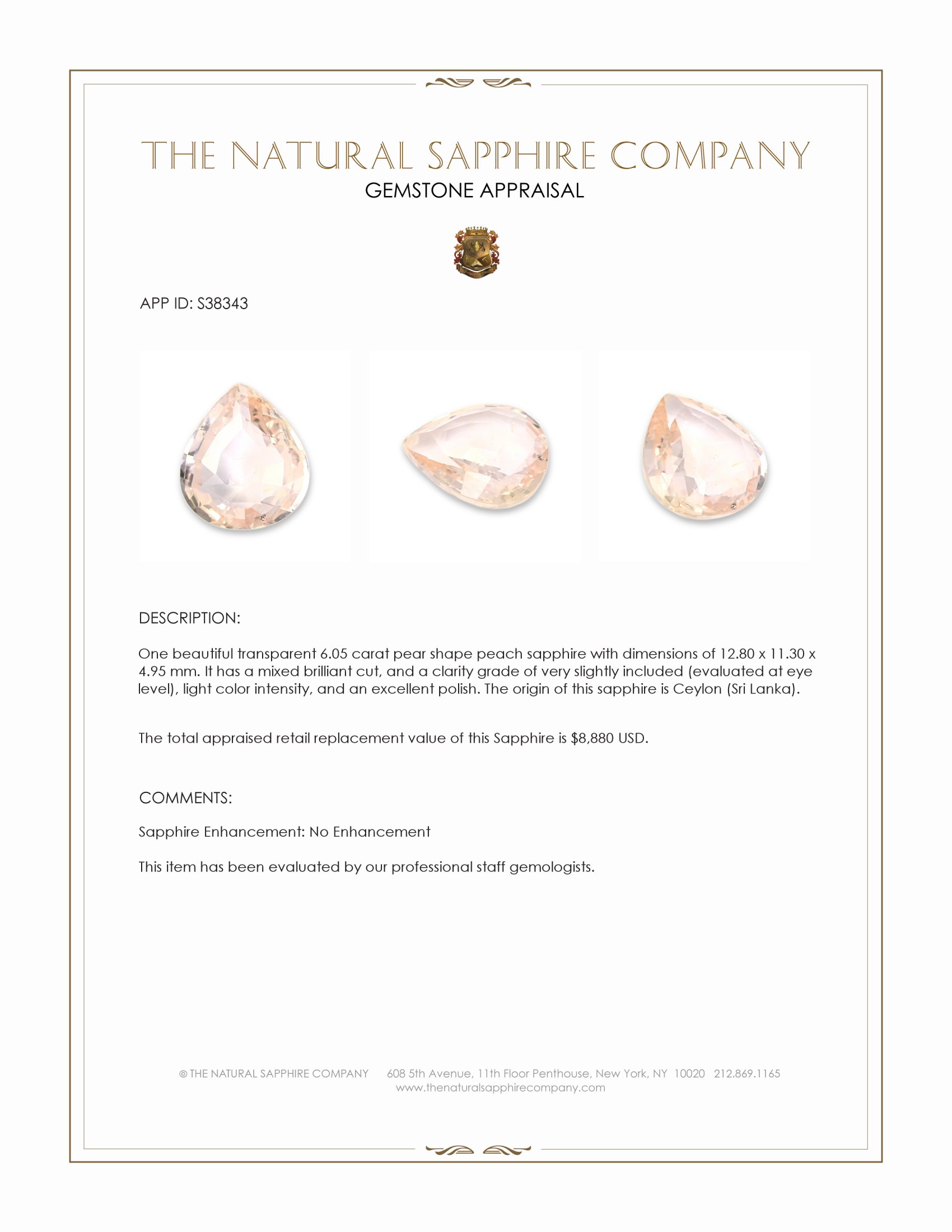 6.05 Ct. Peach Sapphire from Ceylon (Sri Lanka)