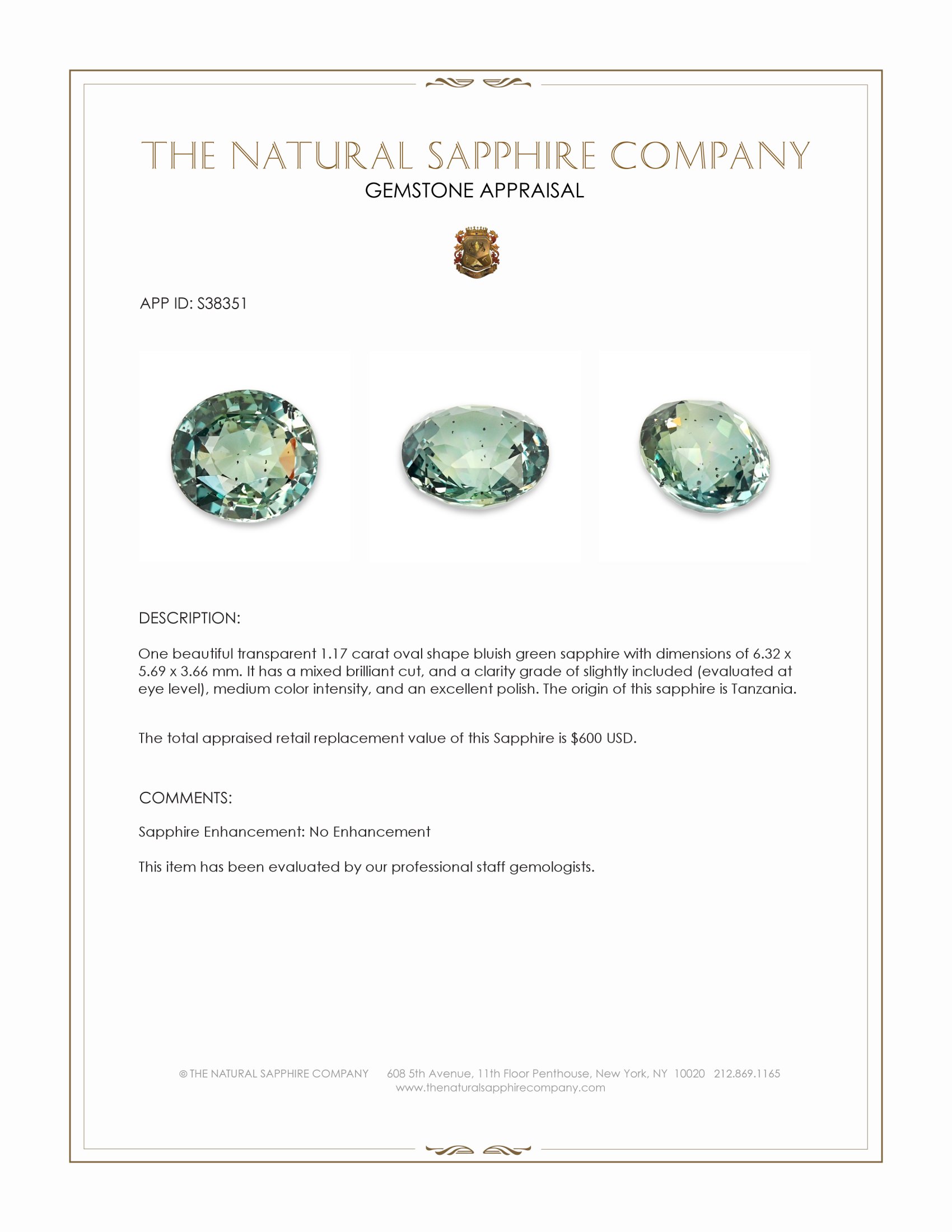 1.17 Ct. Bluish Green Sapphire from Tanzania