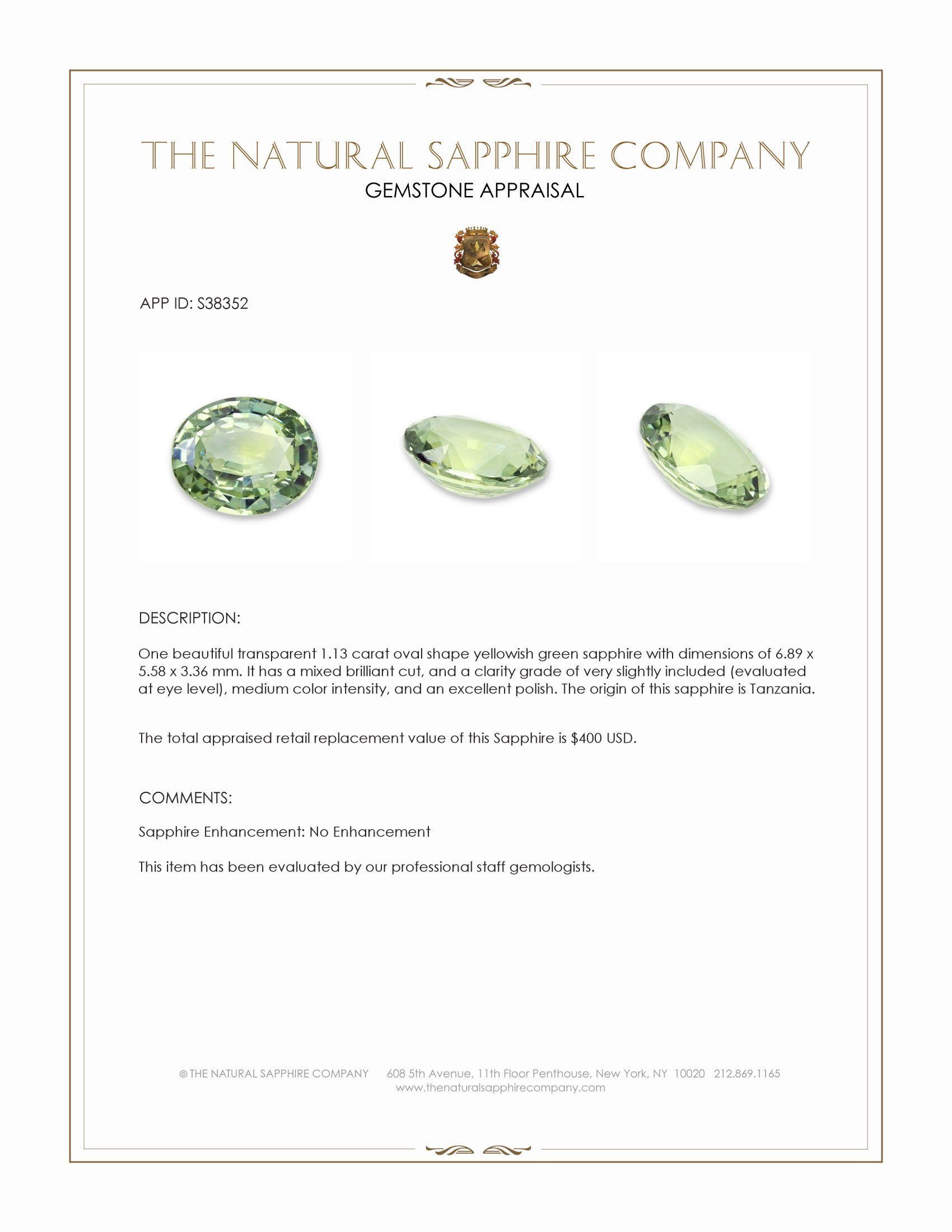 1.13 Ct. Yellowish Green Sapphire from Tanzania