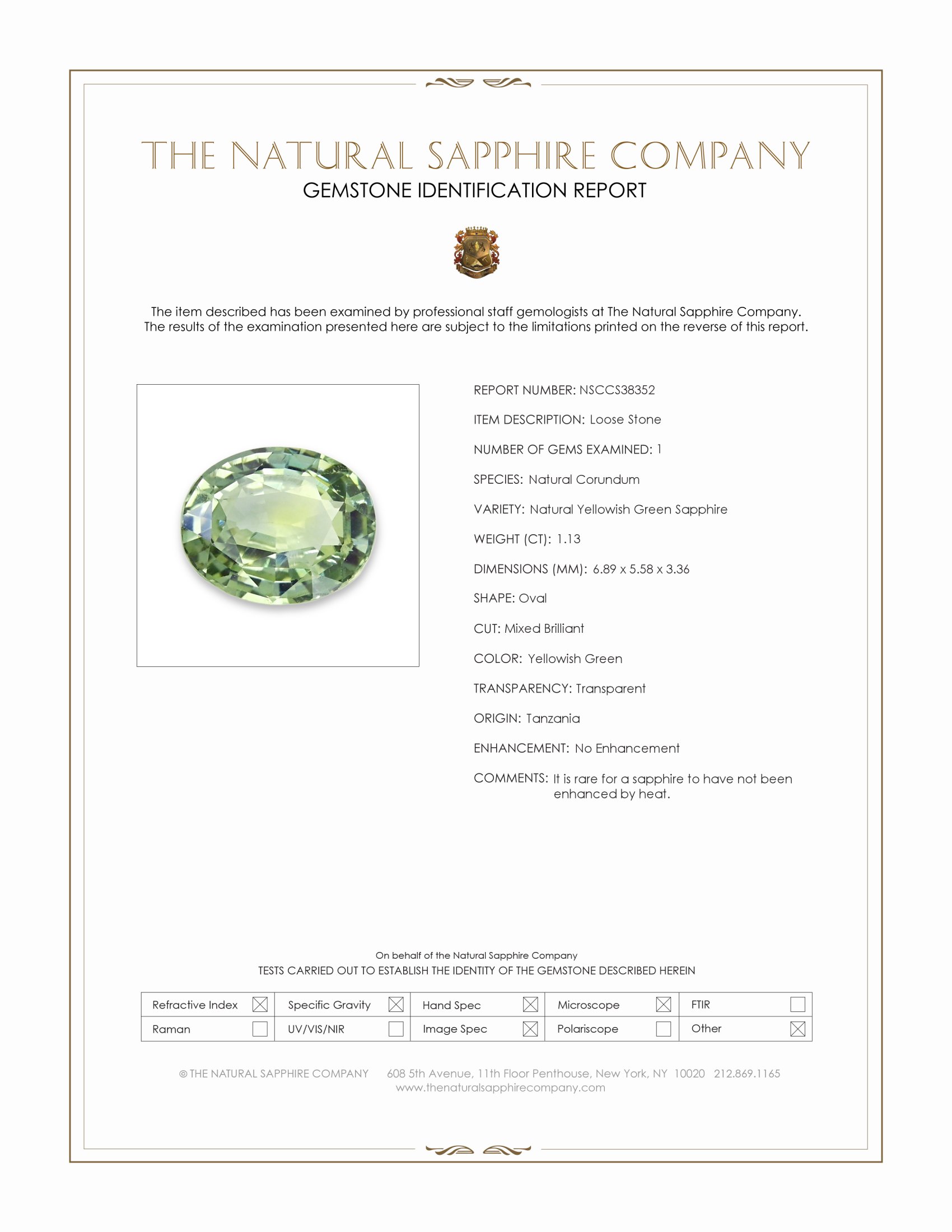 1.13 Ct. Yellowish Green Sapphire from Tanzania