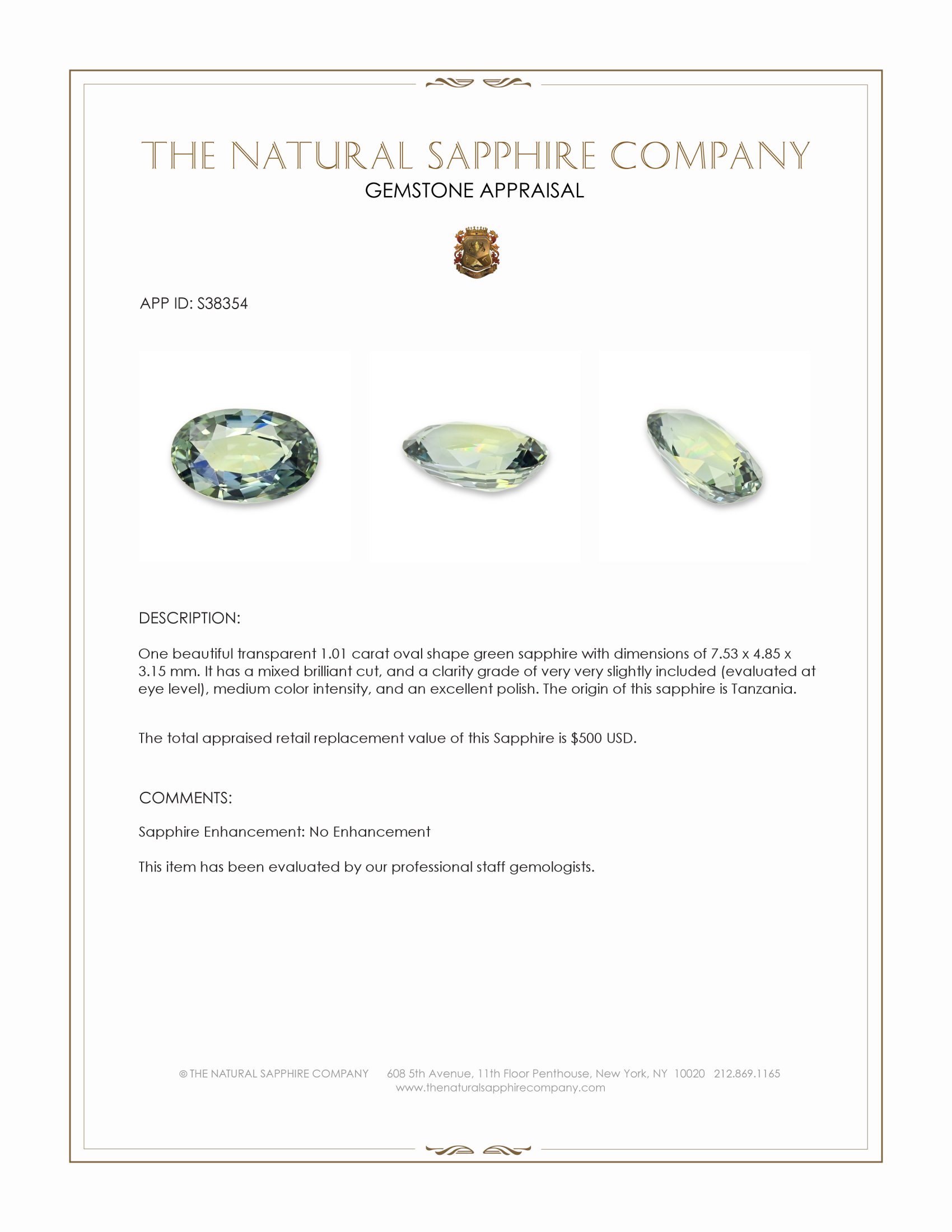 1.01 Ct. Green Sapphire from Tanzania