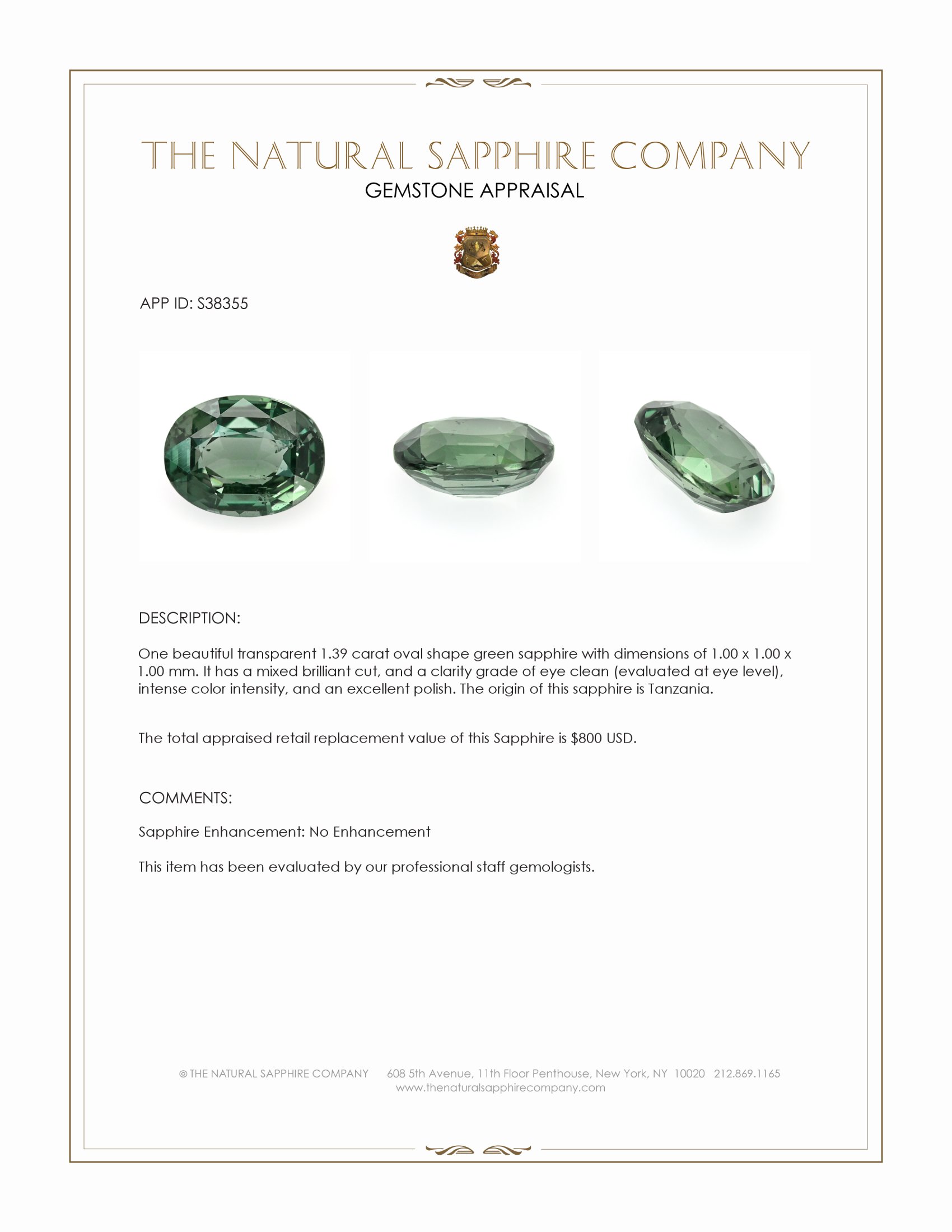 1.39 Ct. Green Sapphire from Tanzania