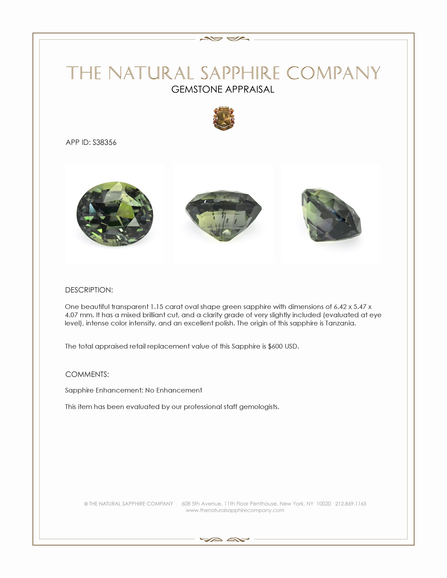 1.15 Ct. Green Sapphire from Tanzania