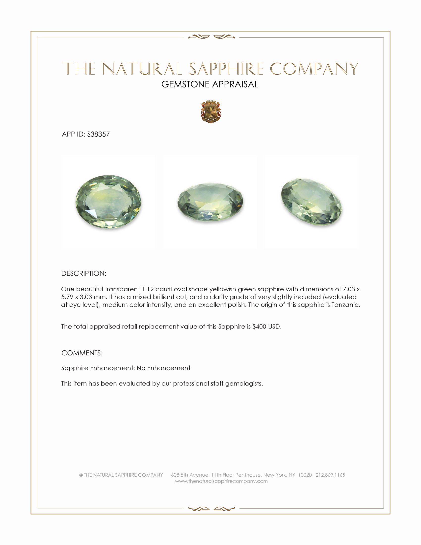 1.12 Ct. Yellowish Green Sapphire from Tanzania