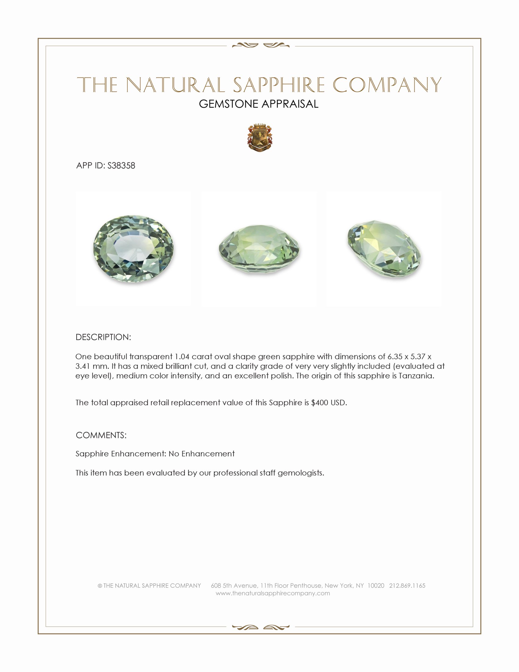 1.04 Ct. Green Sapphire from Tanzania