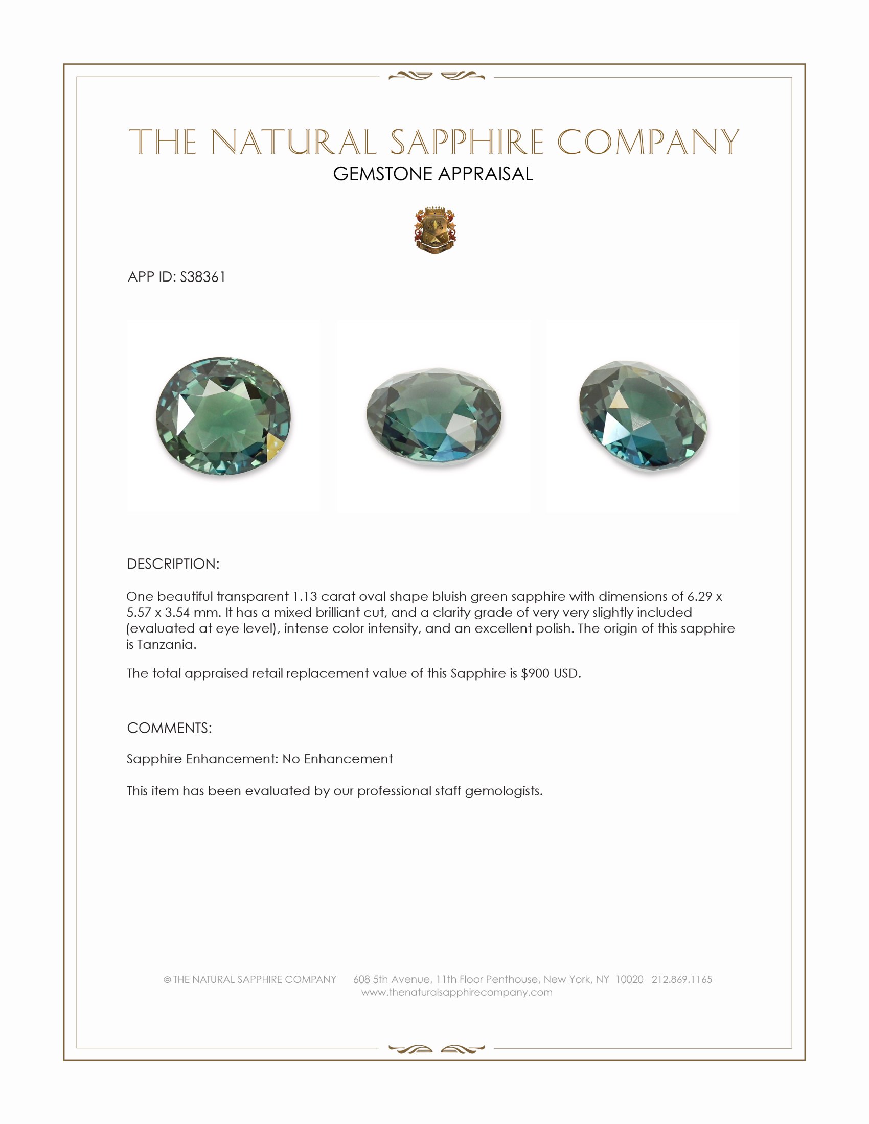 1.13 Ct. Bluish Green Sapphire from Tanzania