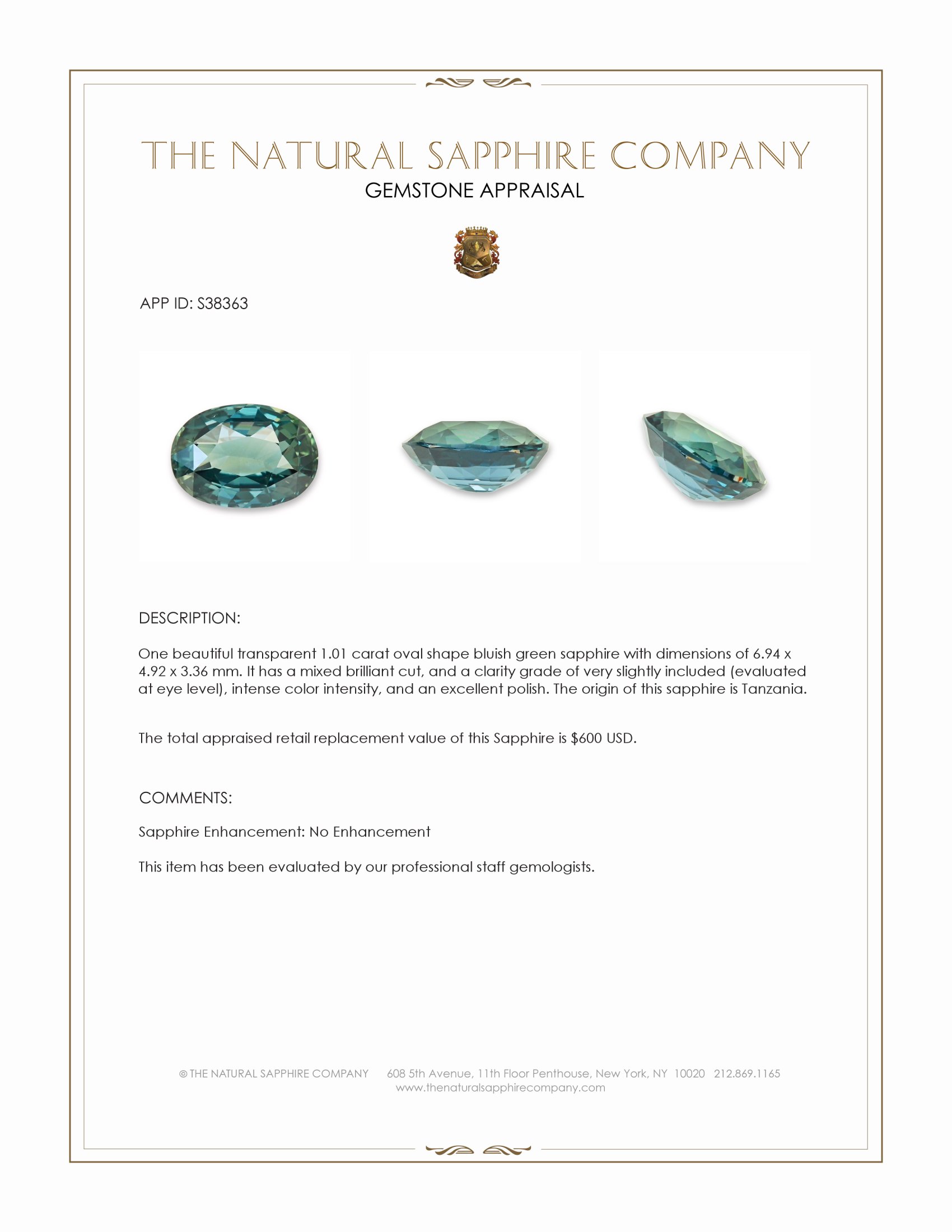 1.01 Ct. Bluish Green Sapphire from Tanzania