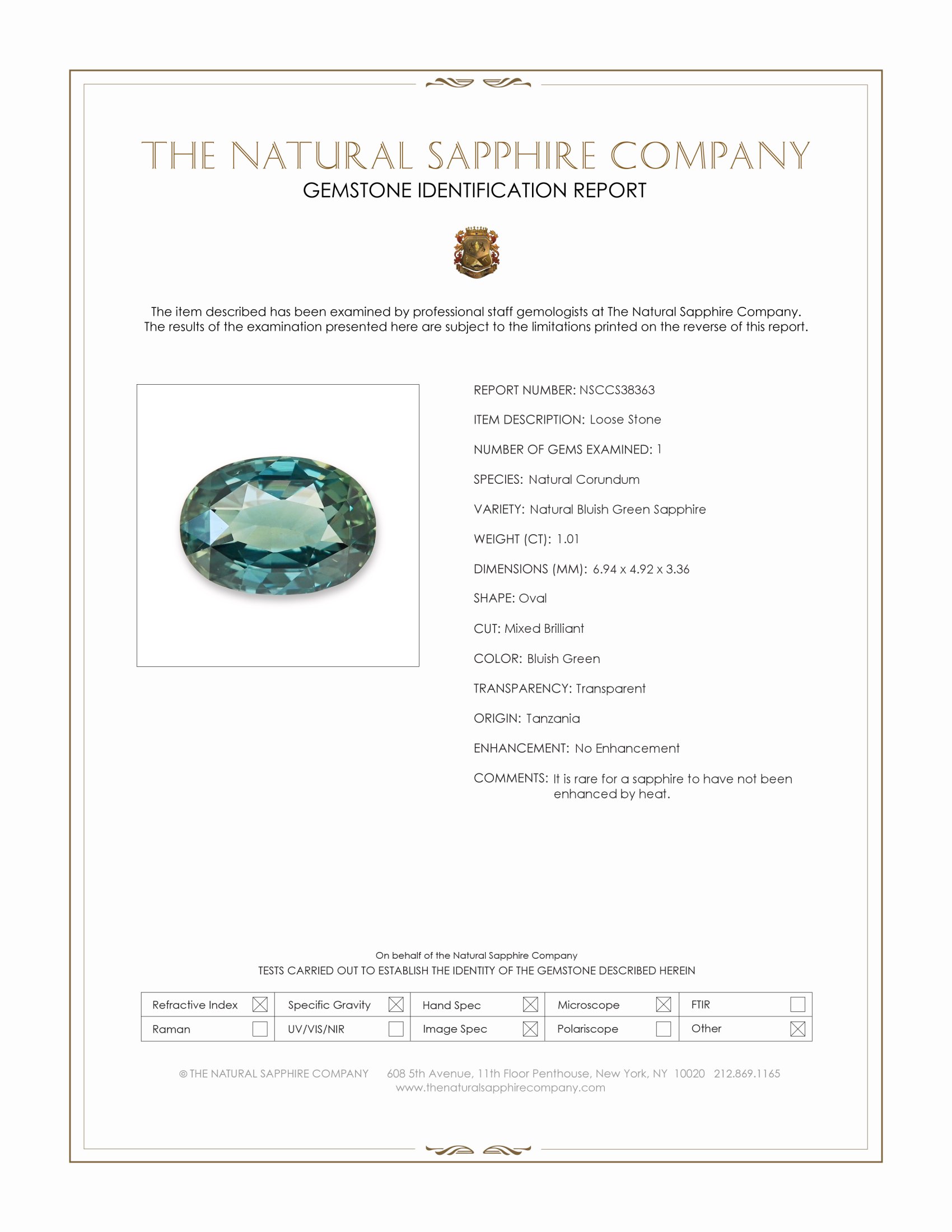1.01 Ct. Bluish Green Sapphire from Tanzania
