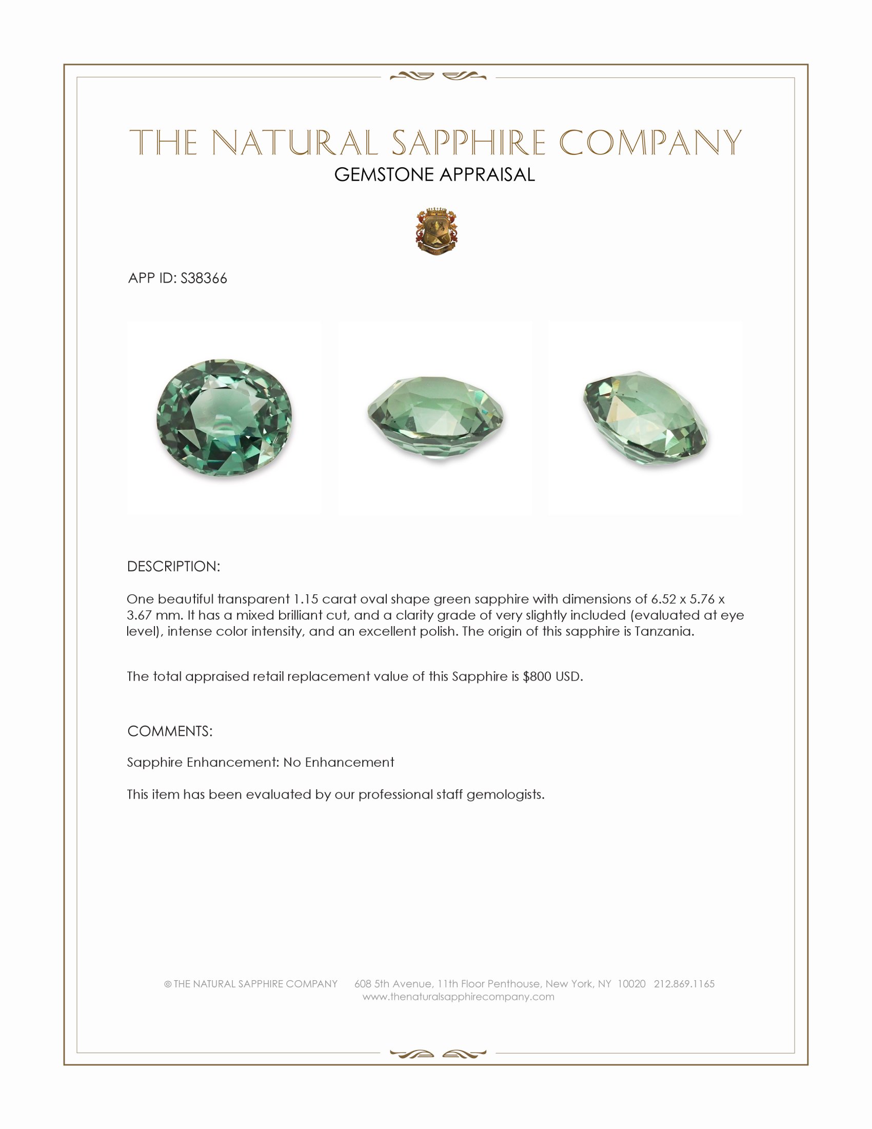 1.15 Ct. Green Sapphire from Tanzania