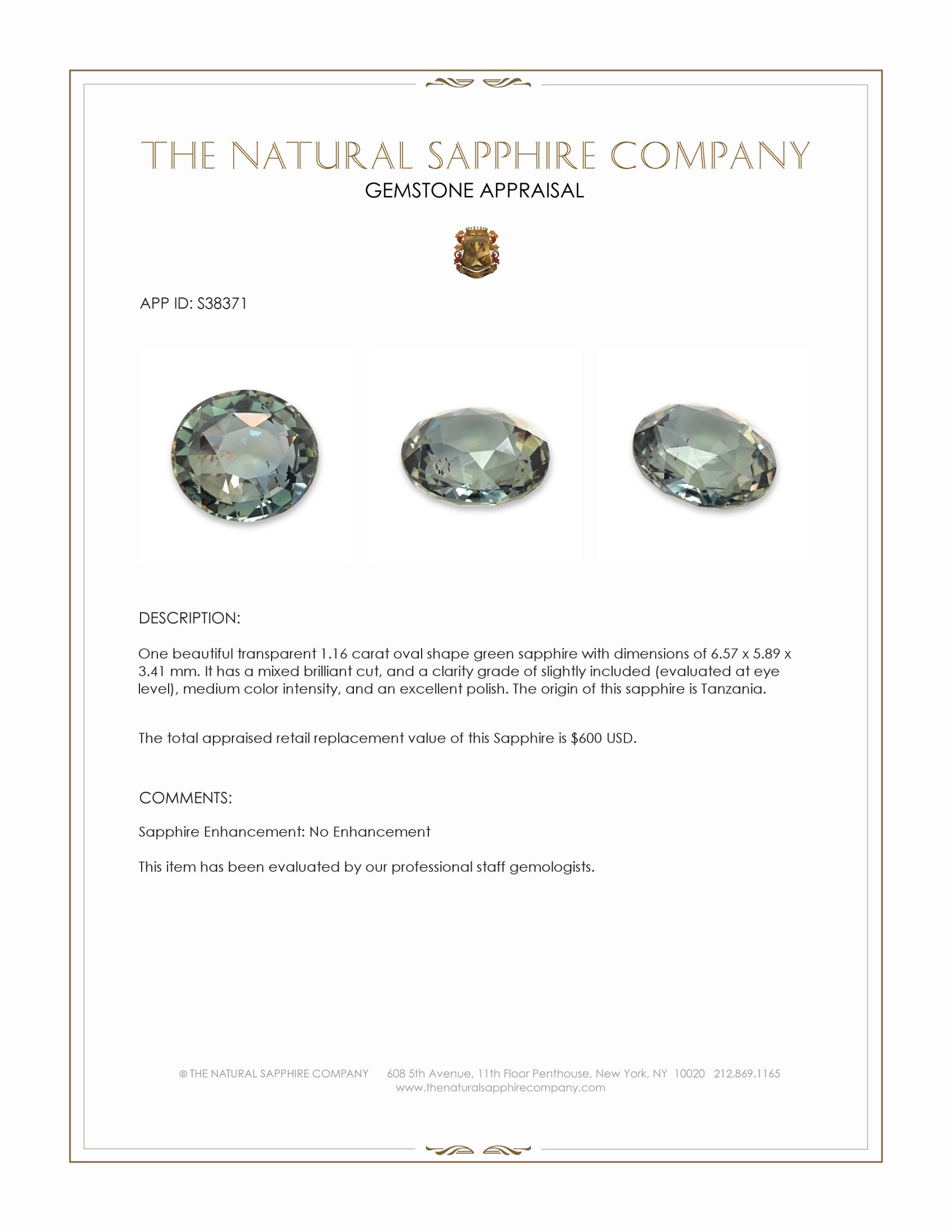1.16 Ct. Green Sapphire from Tanzania