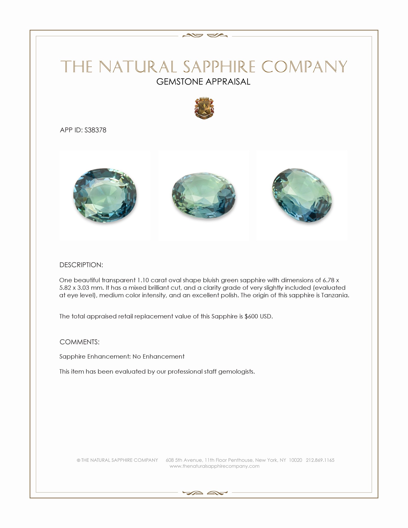 1.10 Ct. Bluish Green Sapphire from Tanzania