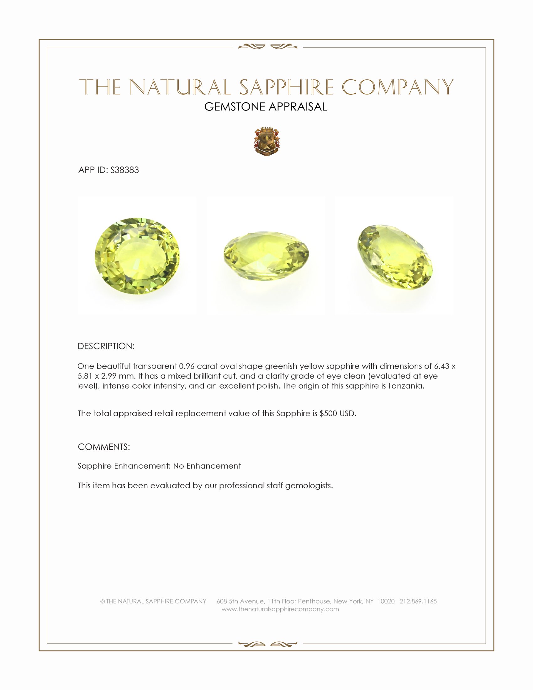 0.96 Ct. Greenish Yellow Sapphire from Tanzania