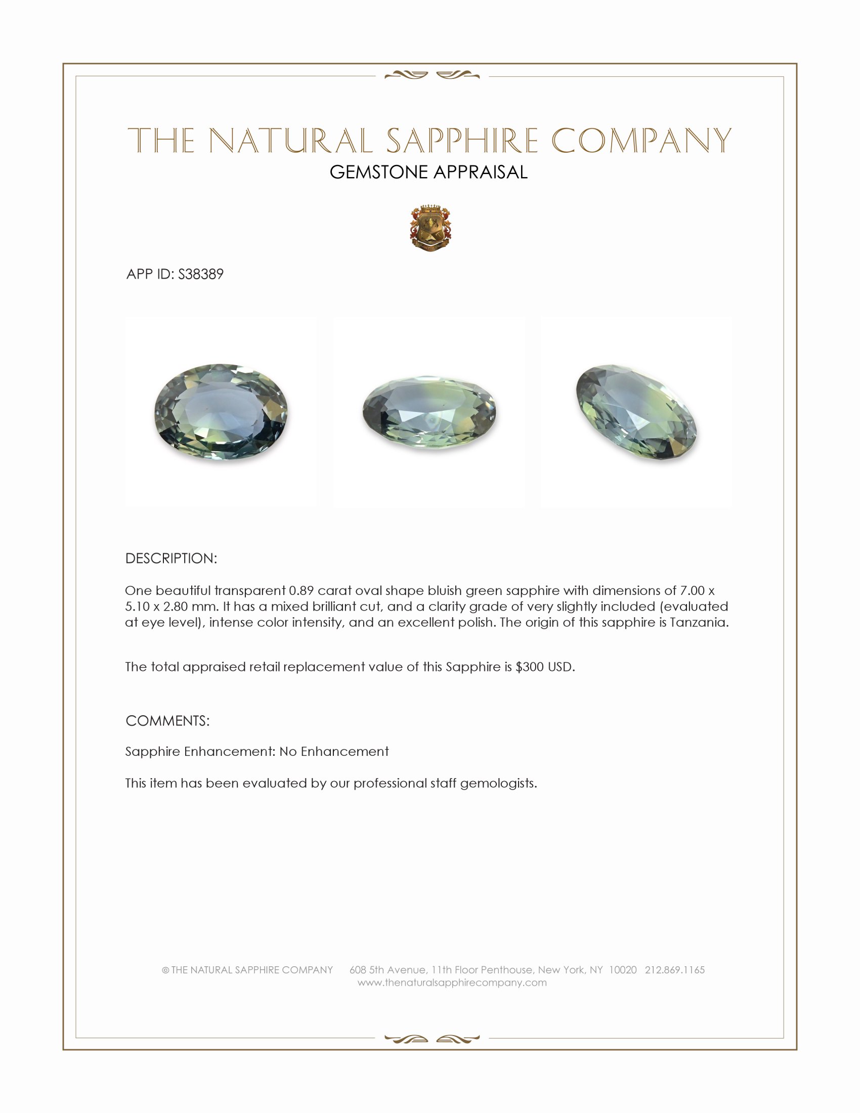 0.89 Ct. Bluish Green Sapphire from Tanzania