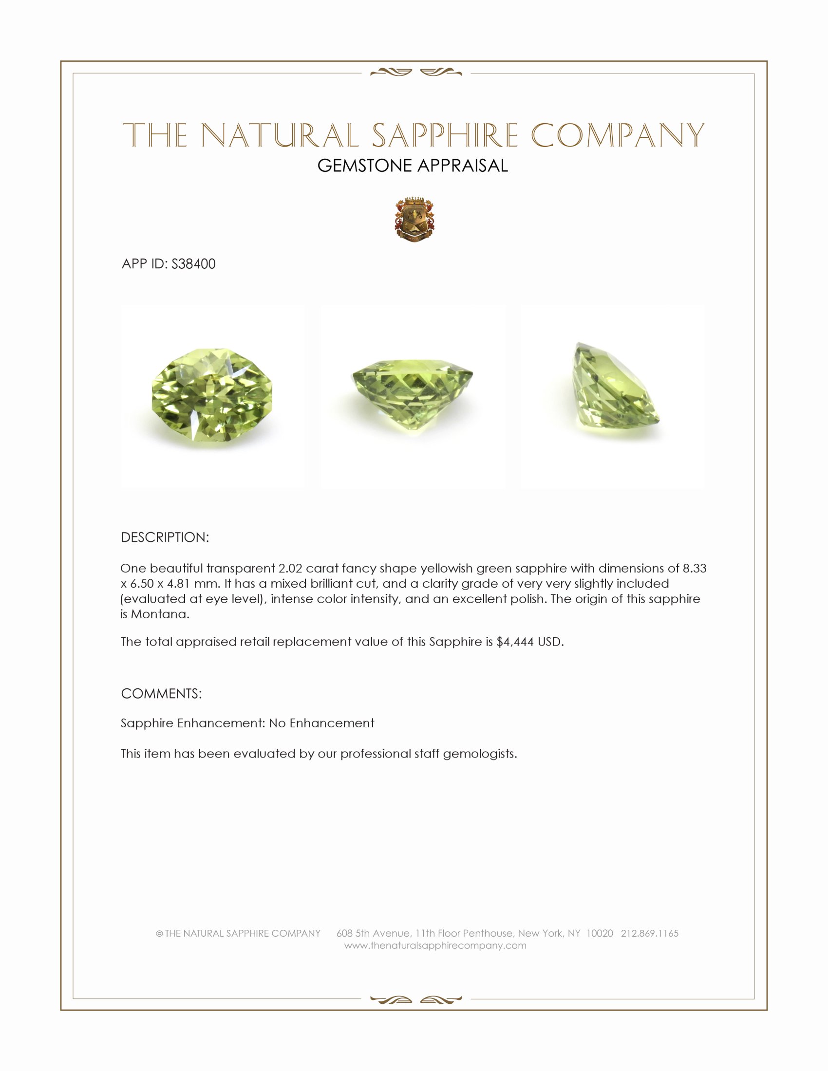 2.02 Ct. Yellowish Green Sapphire from Montana