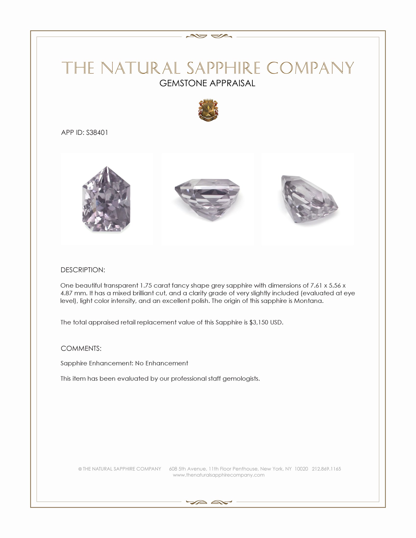 1.75 Ct. Grey Sapphire from Montana