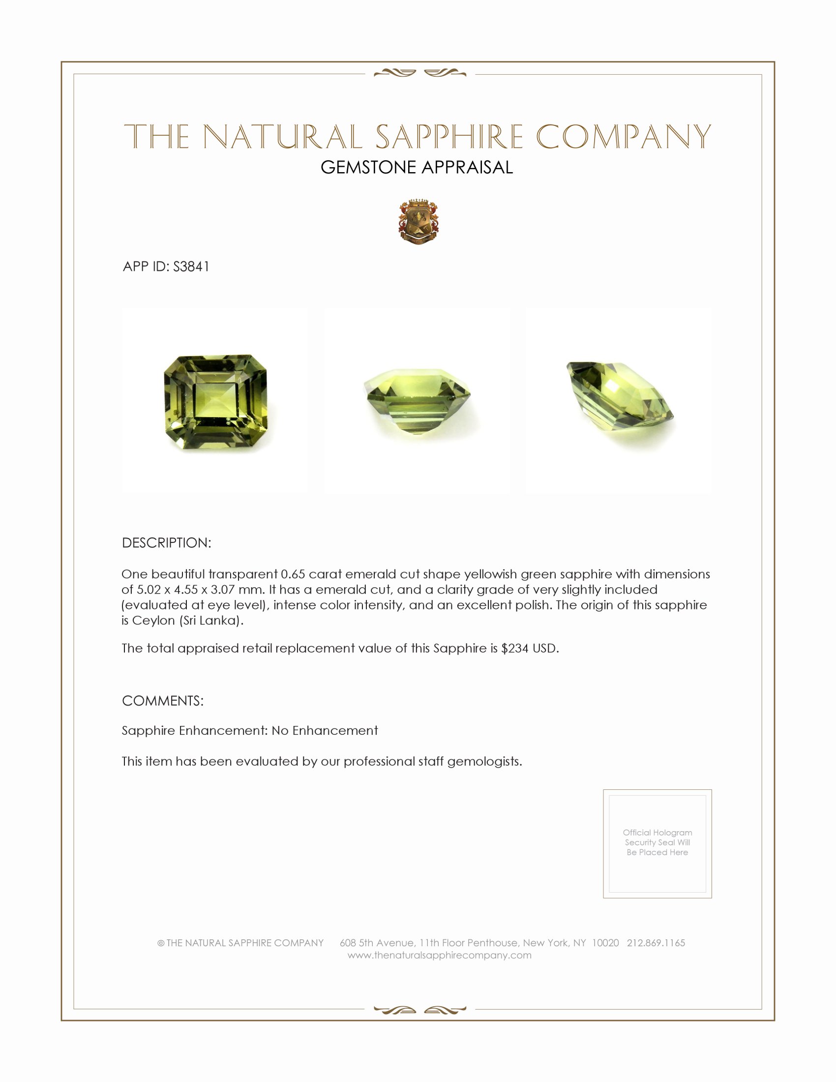 0.65 Ct. Yellowish Green Sapphire from Ceylon (Sri Lanka)