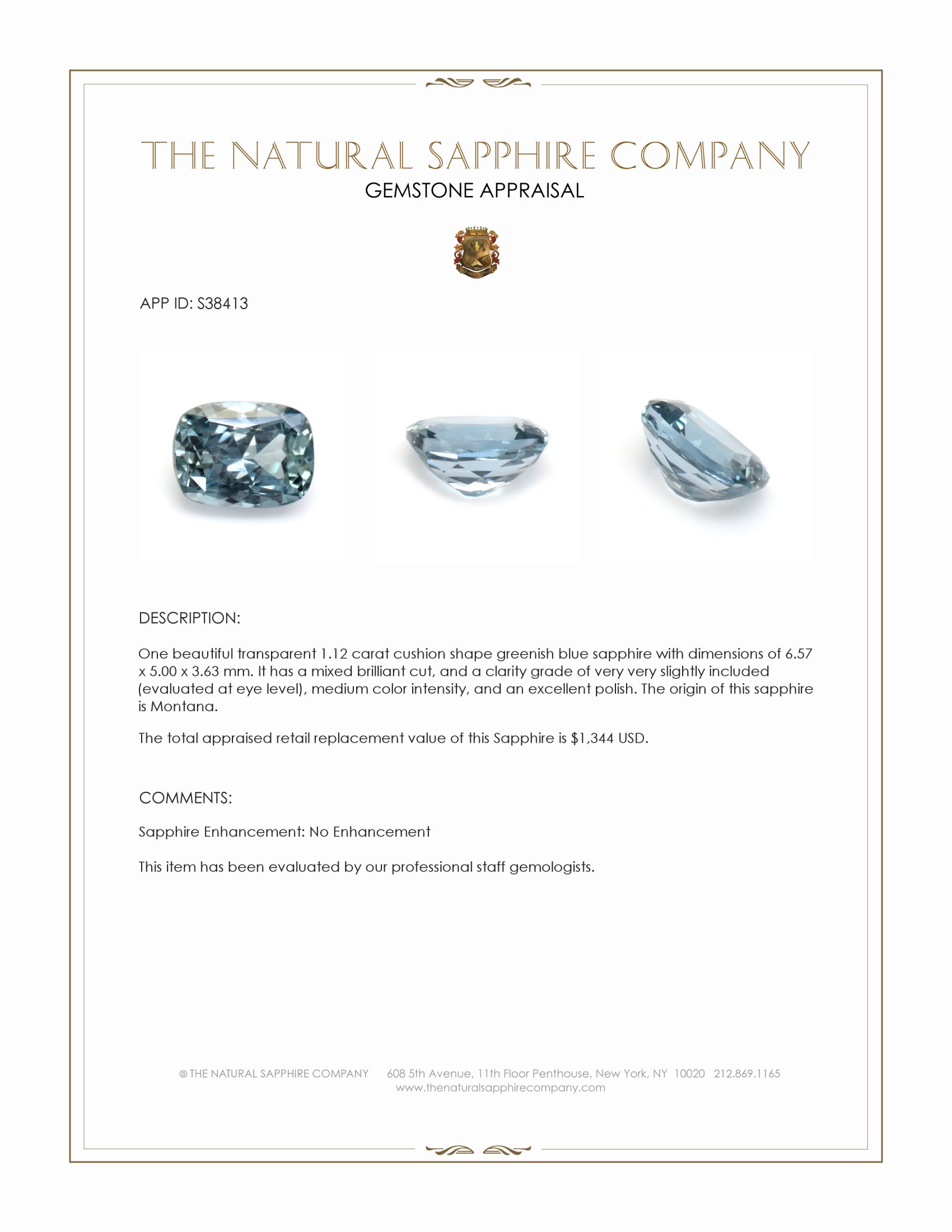 1.12 Ct. Greenish Blue Sapphire from Montana
