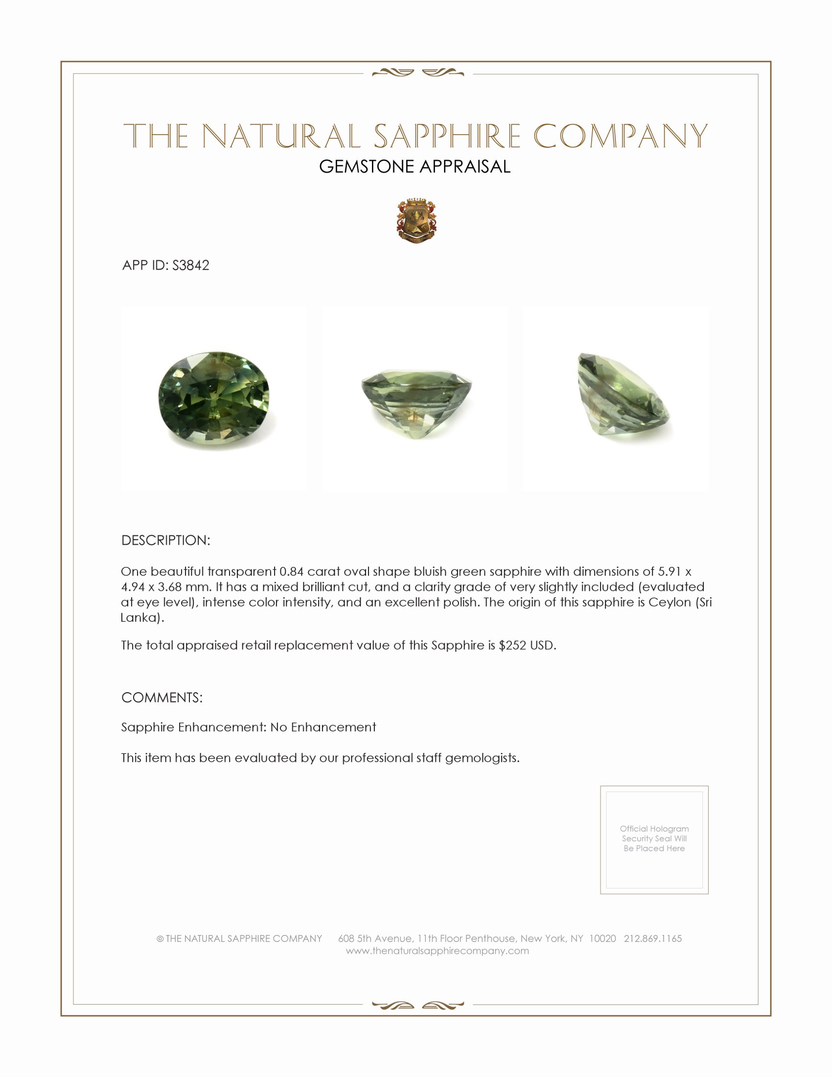 0.84 Ct. Bluish Green Sapphire from Ceylon (Sri Lanka)