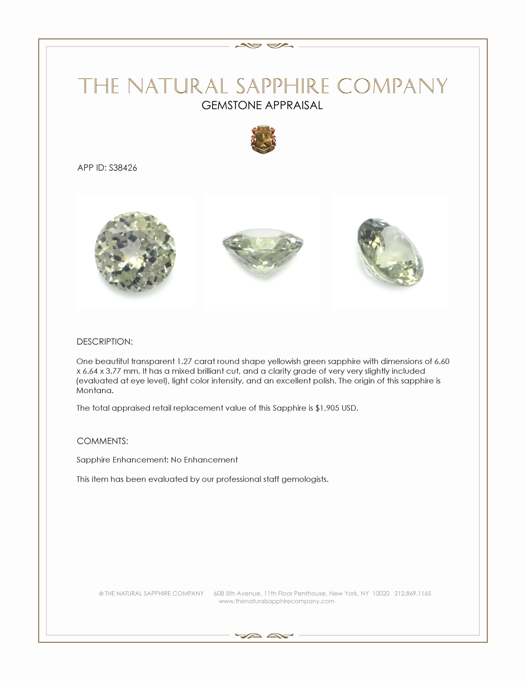 1.27 Ct. Yellowish Green Sapphire from Montana