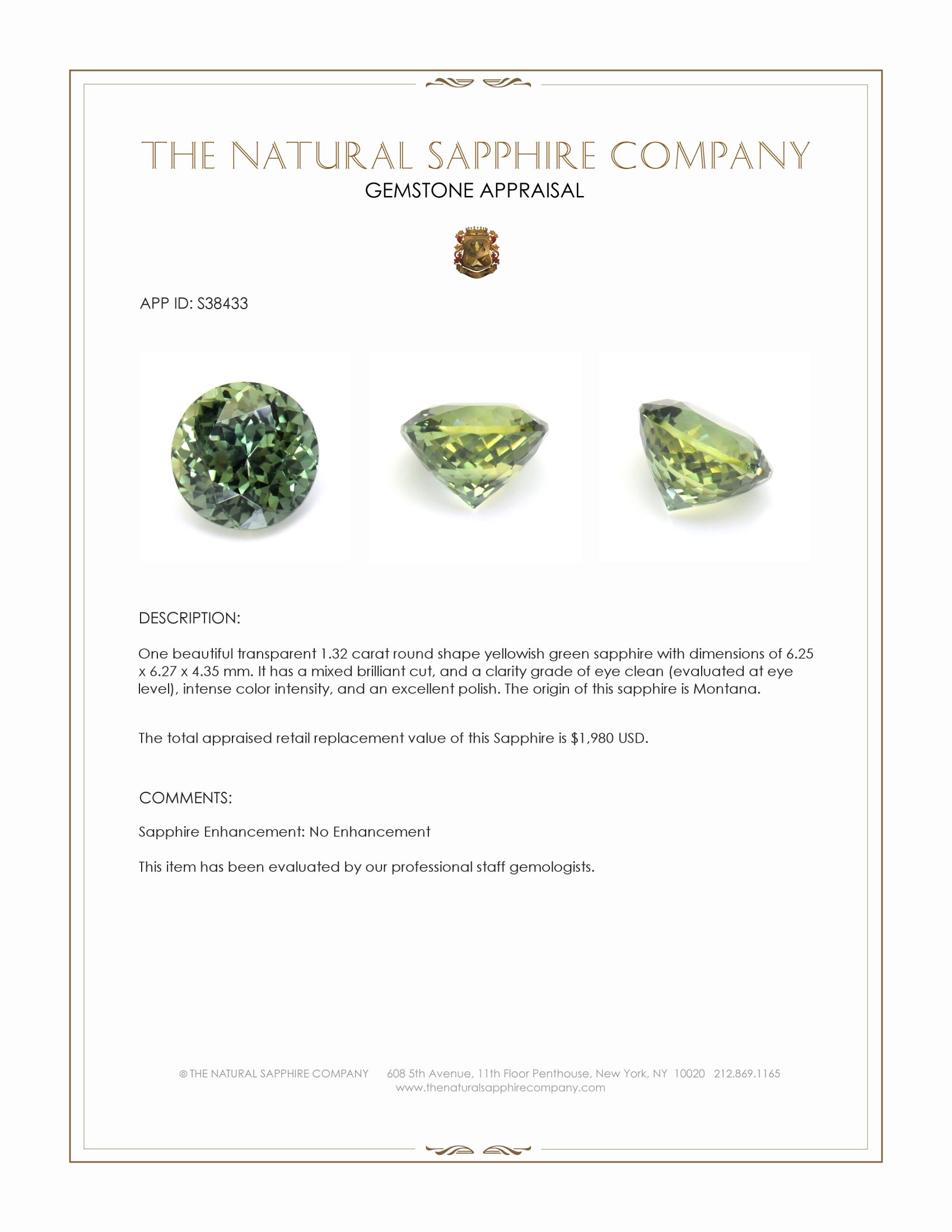 1.32 Ct. Yellowish Green Sapphire from Montana