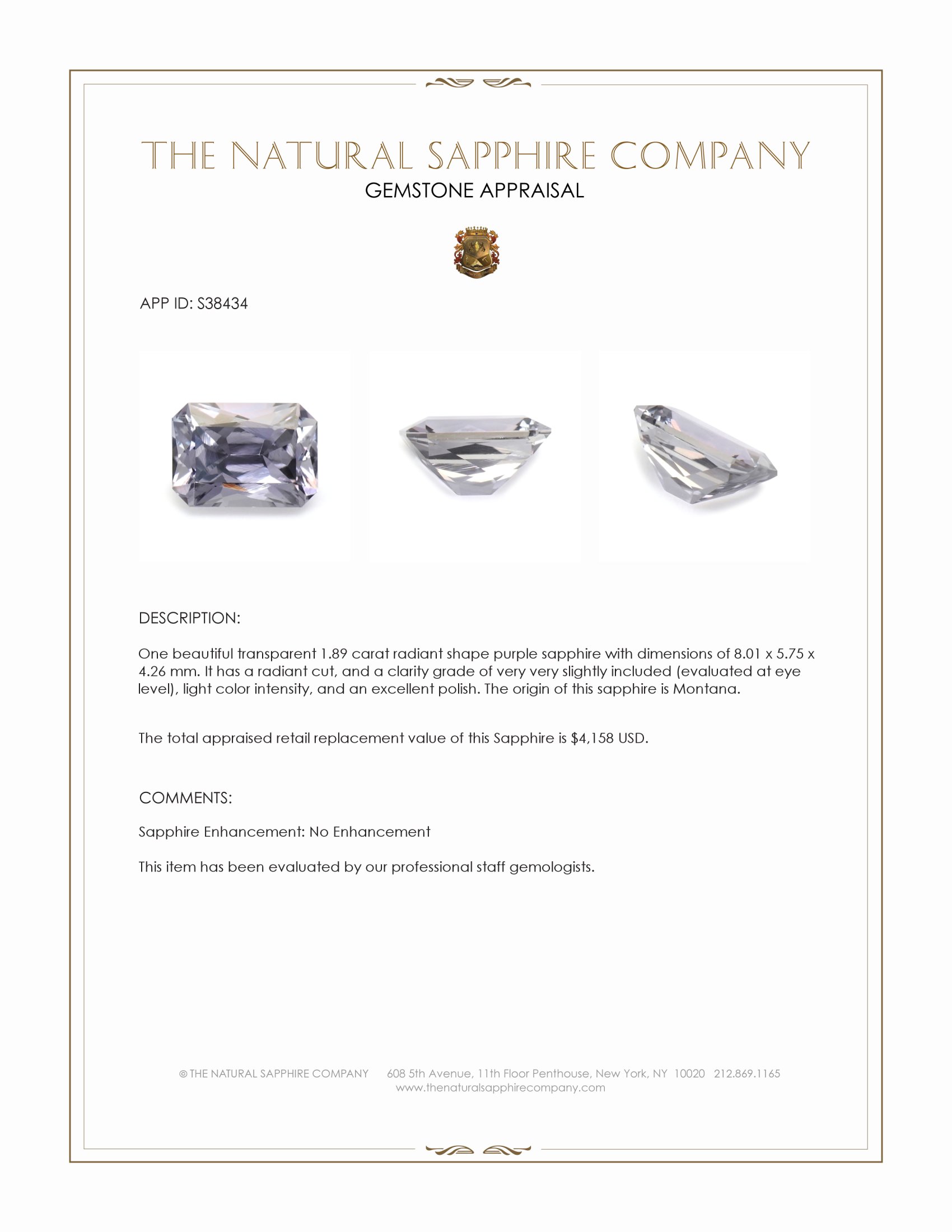 1.89 Ct. Purple Sapphire from Montana