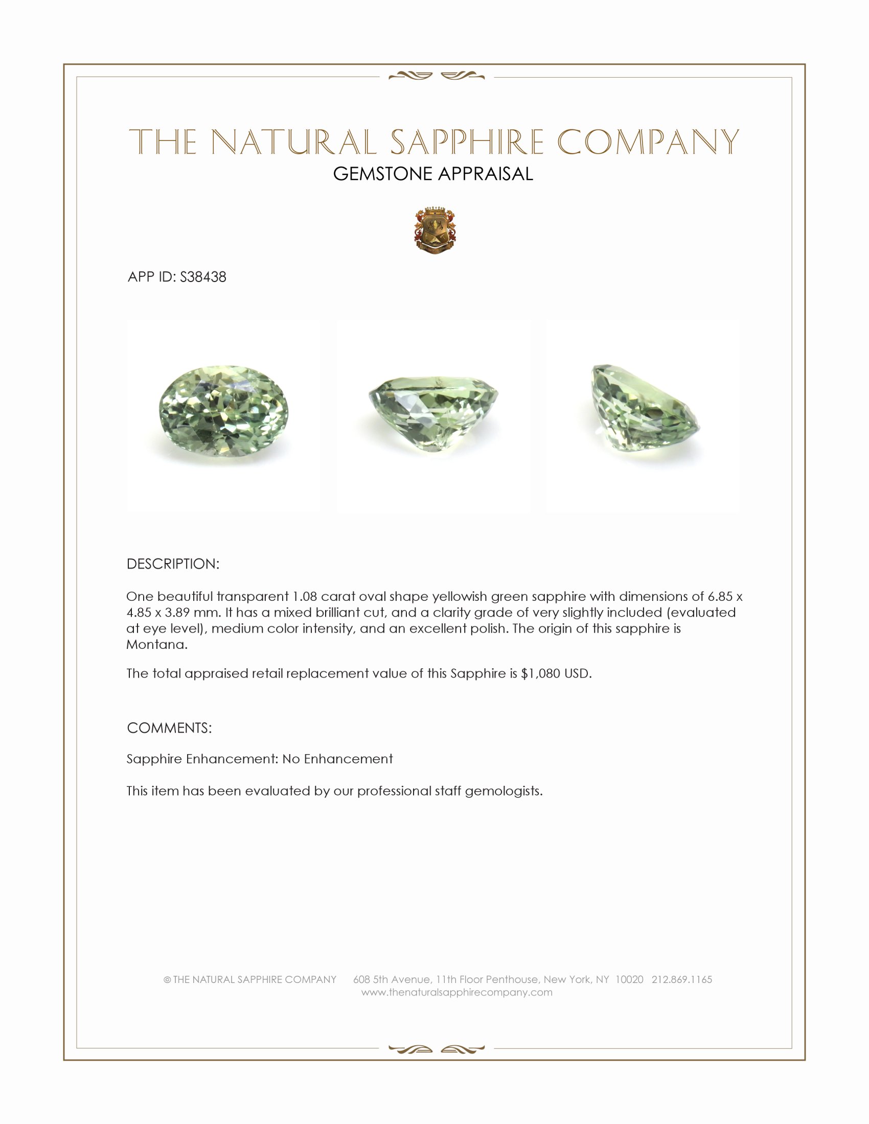 1.08 Ct. Yellowish Green Sapphire from Montana