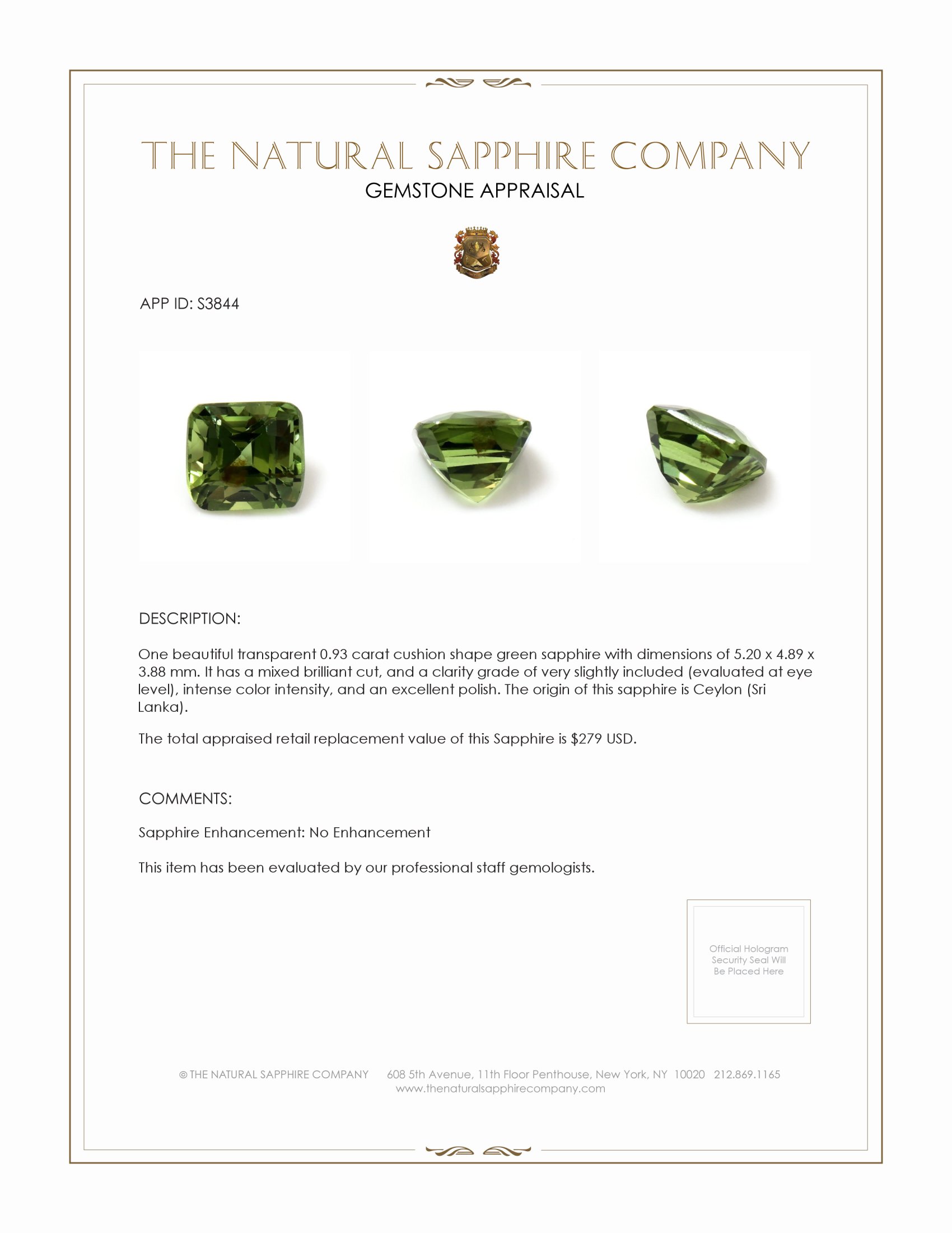 0.93 Ct. Green Sapphire from Ceylon (Sri Lanka)