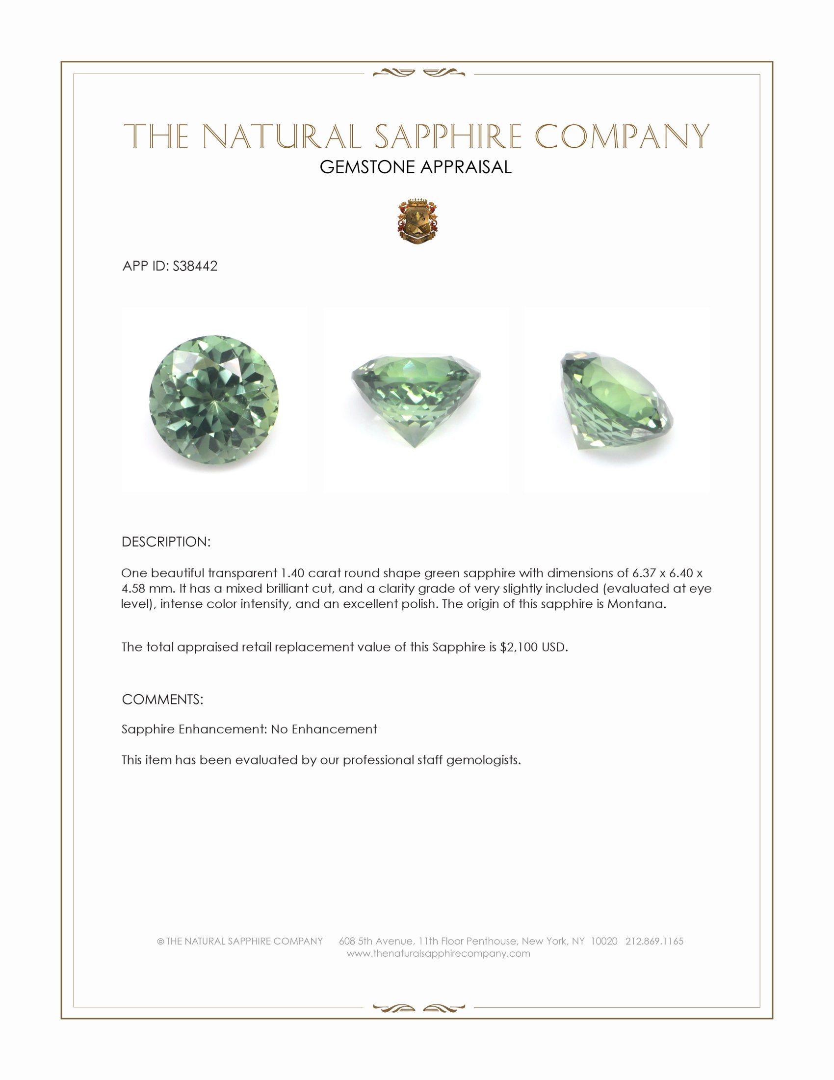1.40 Ct. Green Sapphire from Montana