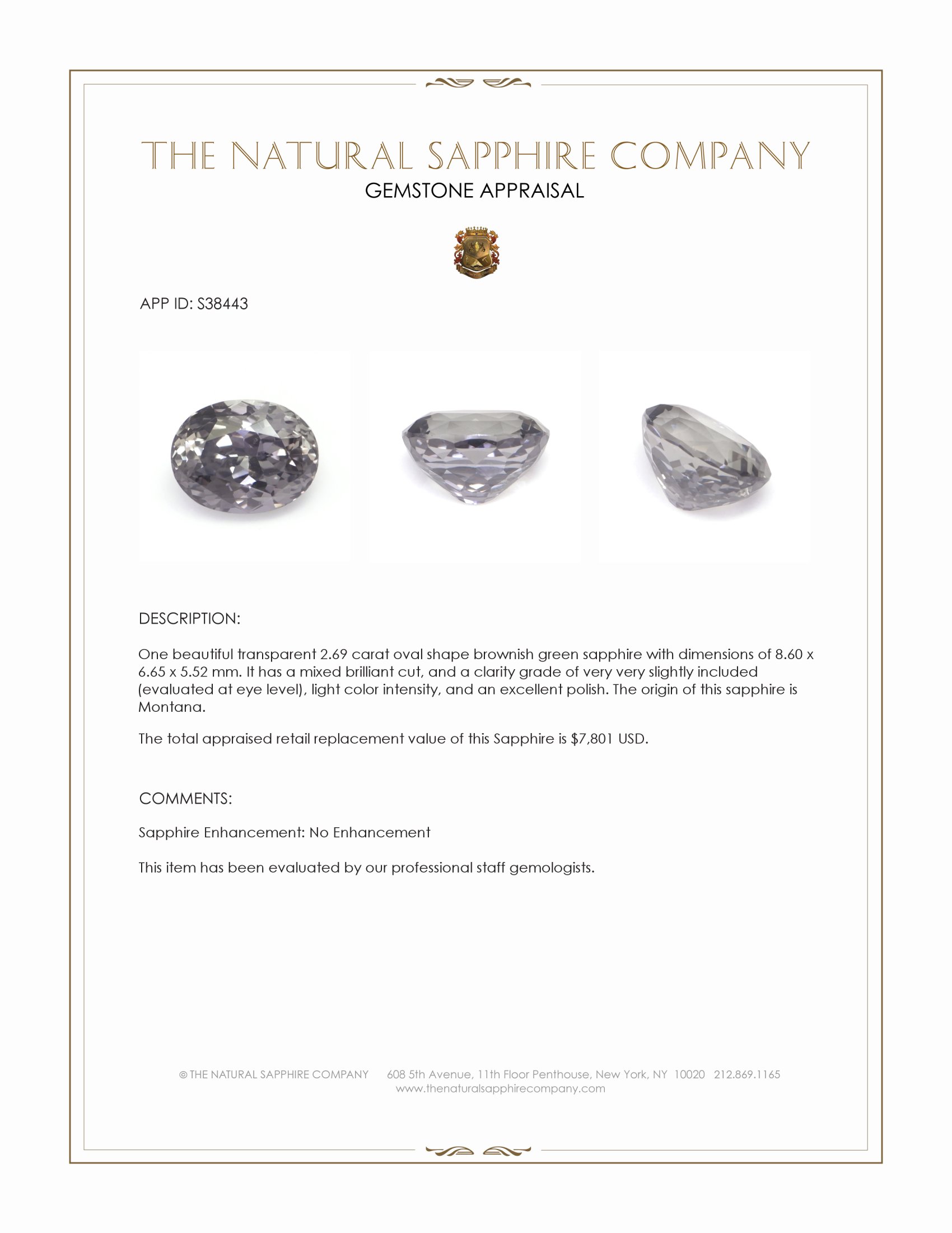2.69 Ct. Brownish Green Sapphire from Montana