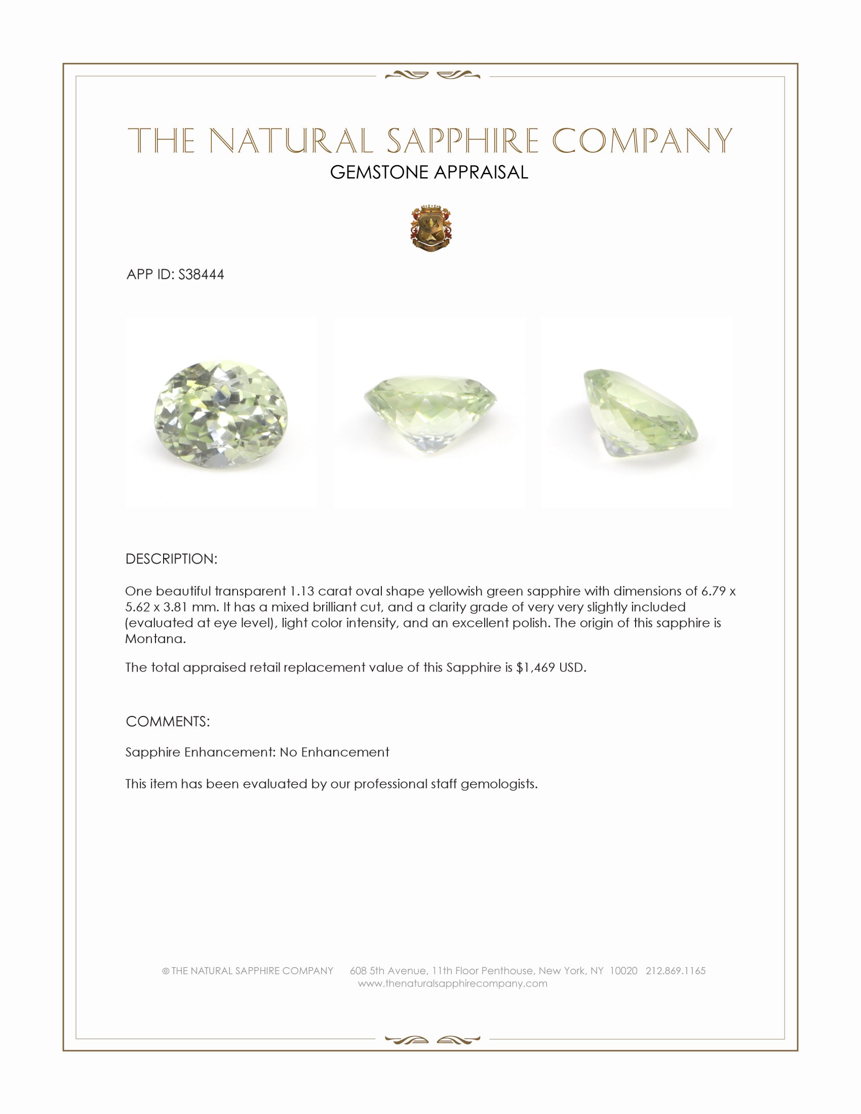 1.13 Ct. Yellowish Green Sapphire from Montana
