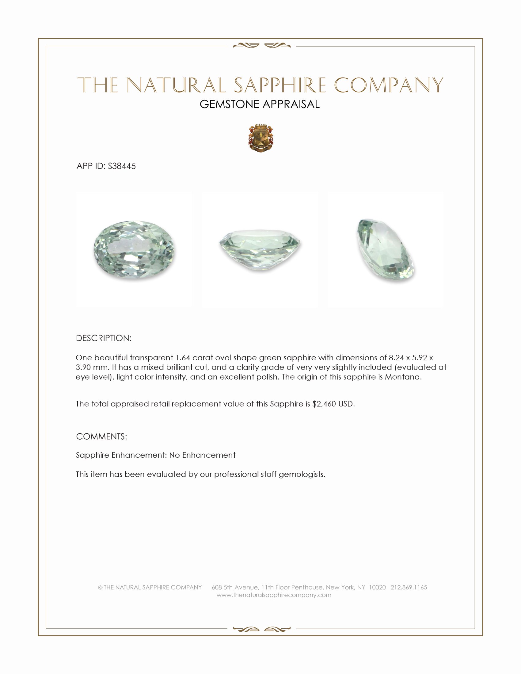 1.64 Ct. Green Sapphire from Montana