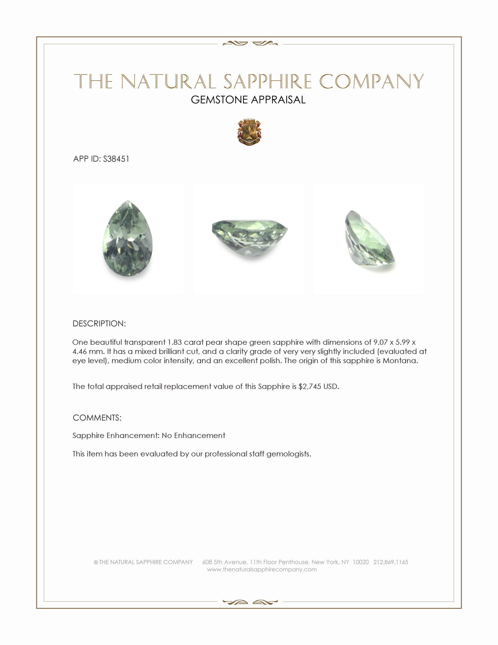 1.83 Ct. Green Sapphire from Montana