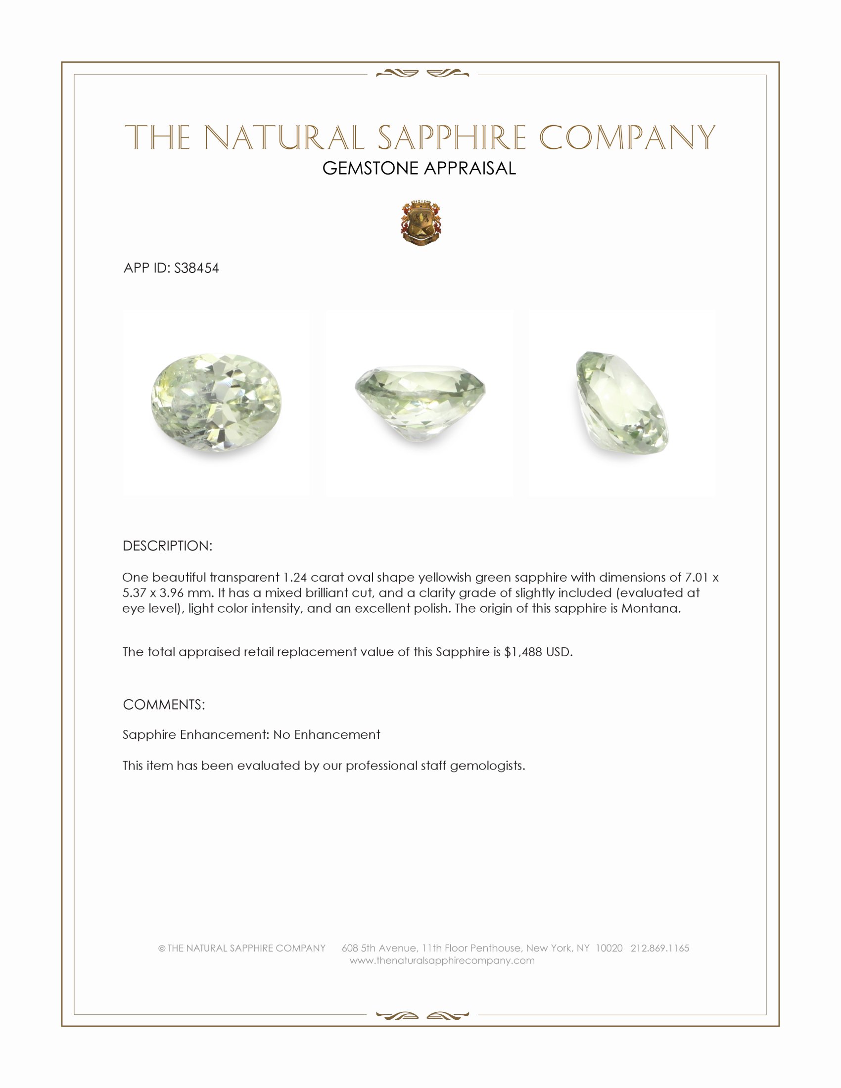 1.24 Ct. Yellowish Green Sapphire from Montana