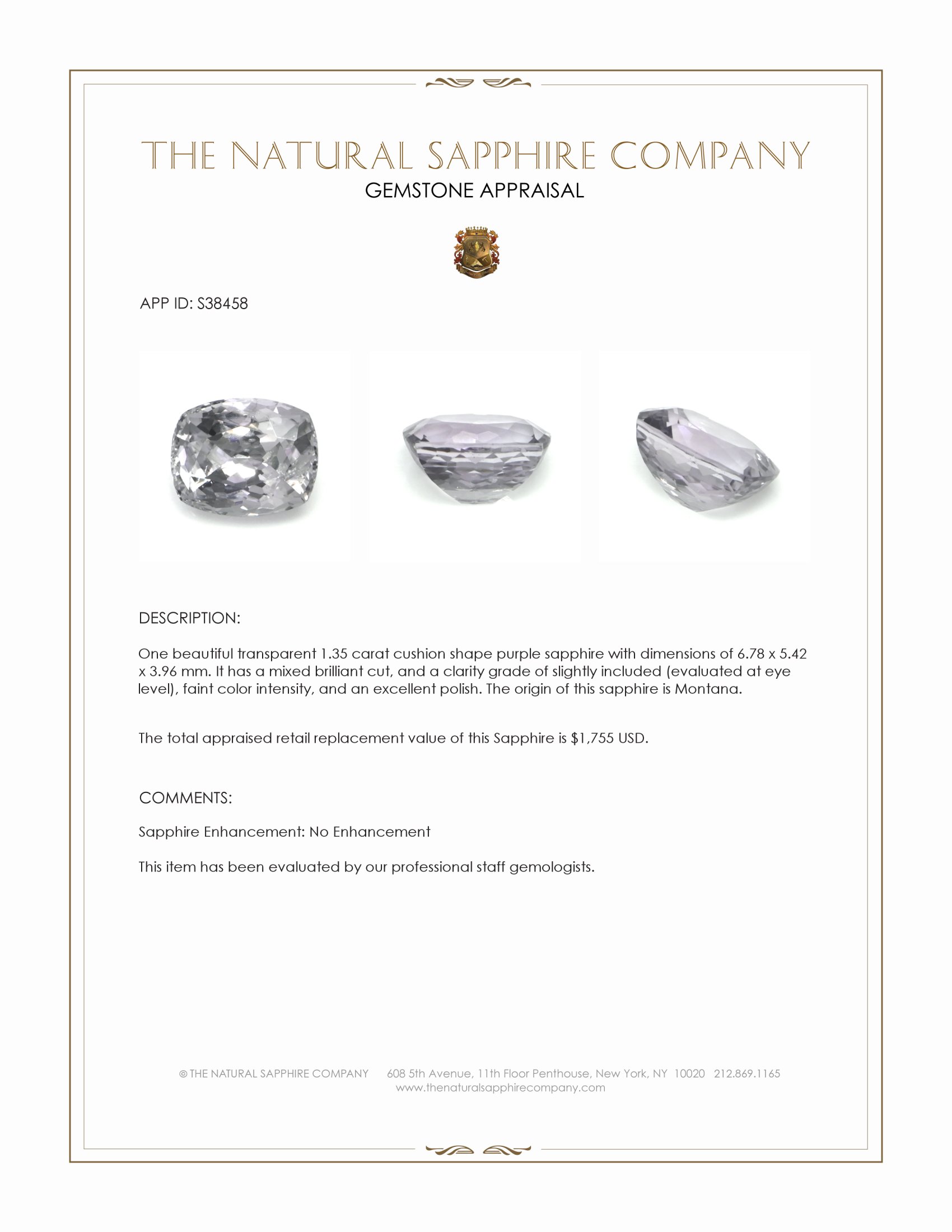 1.35 Ct. Purple Sapphire from Montana