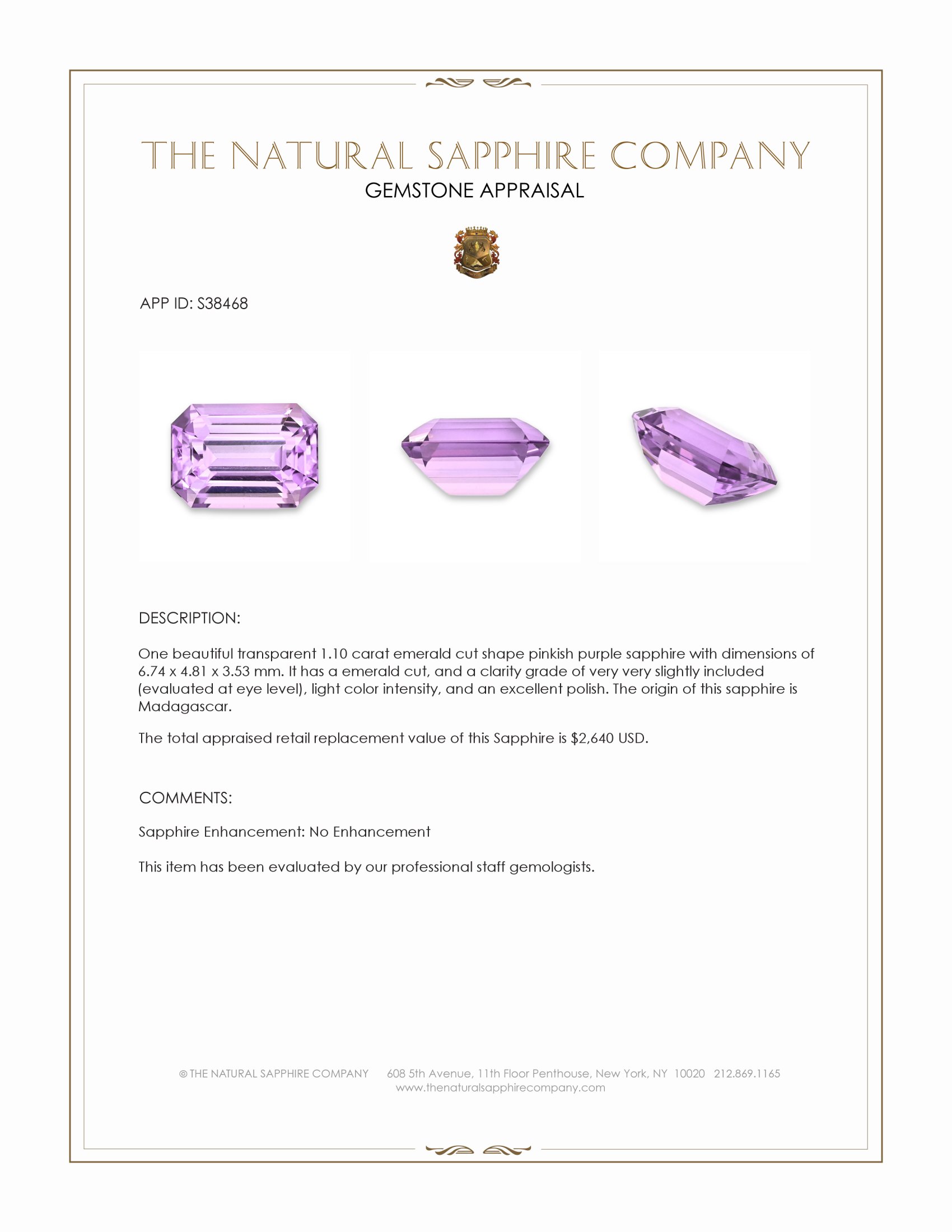1.10 Ct. Pinkish Purple Sapphire from Madagascar