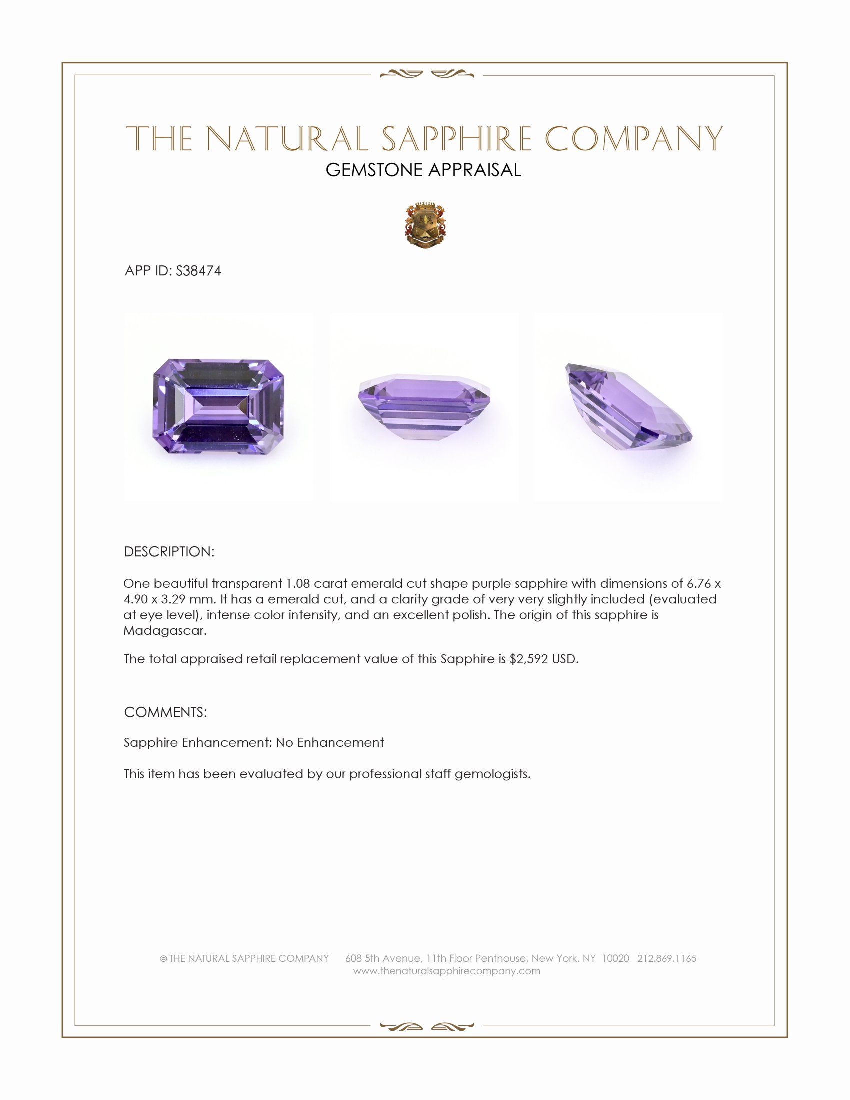 1.08 Ct. Purple Sapphire from Madagascar