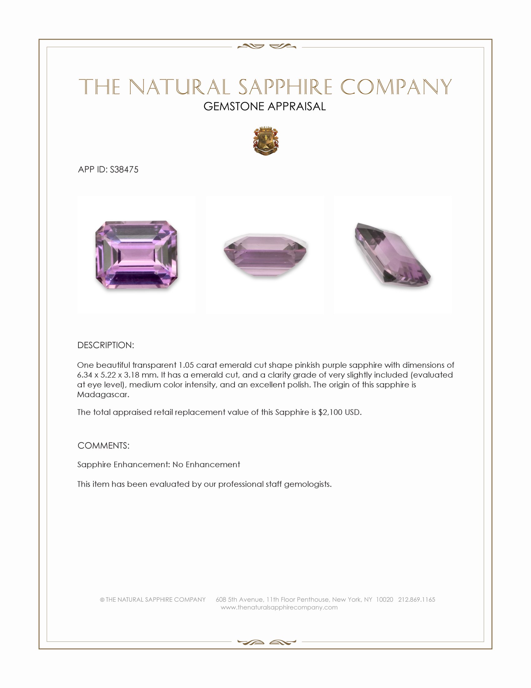 1.05 Ct. Pinkish Purple Sapphire from Madagascar