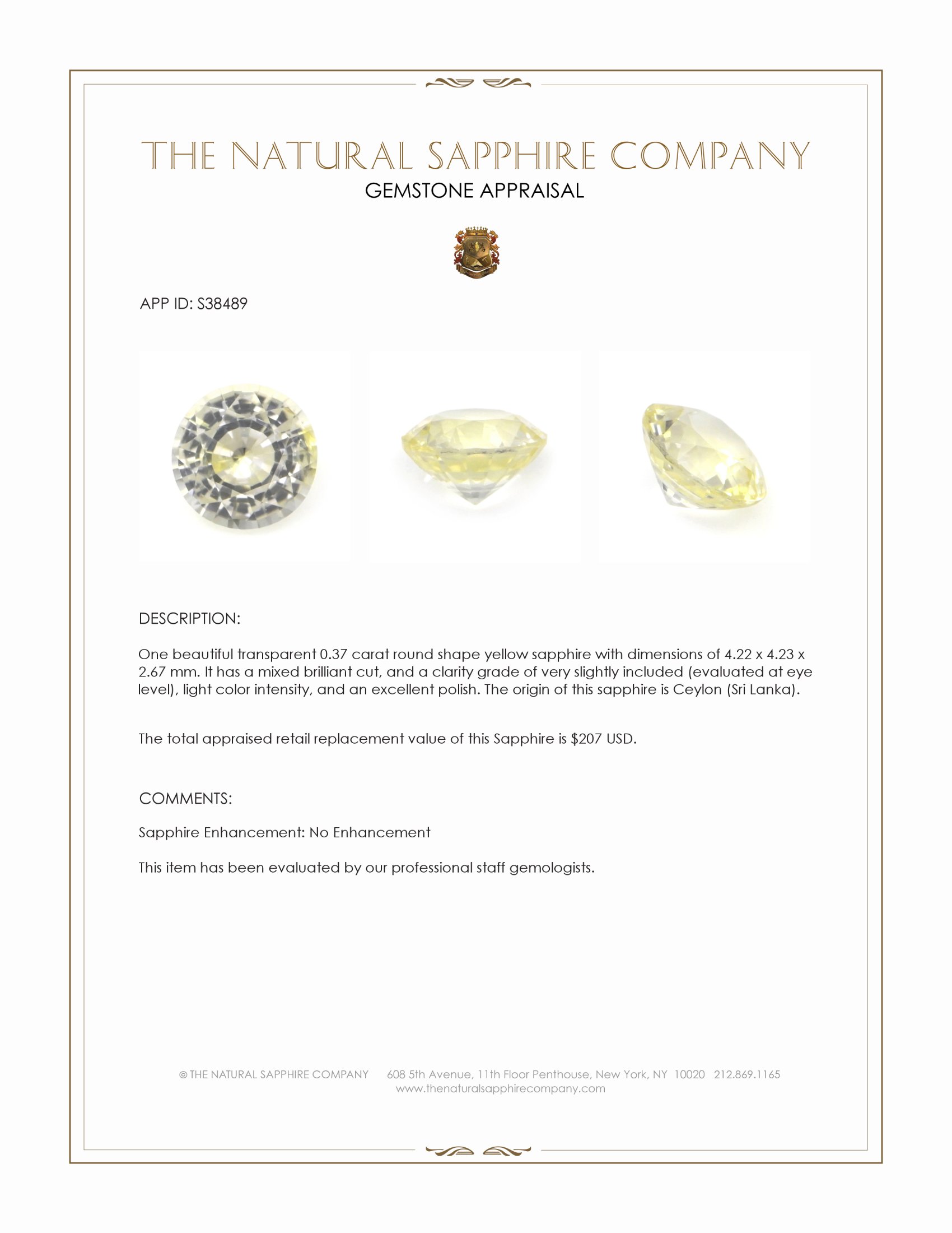 0.37 Ct. Yellow Sapphire from Ceylon (Sri Lanka)