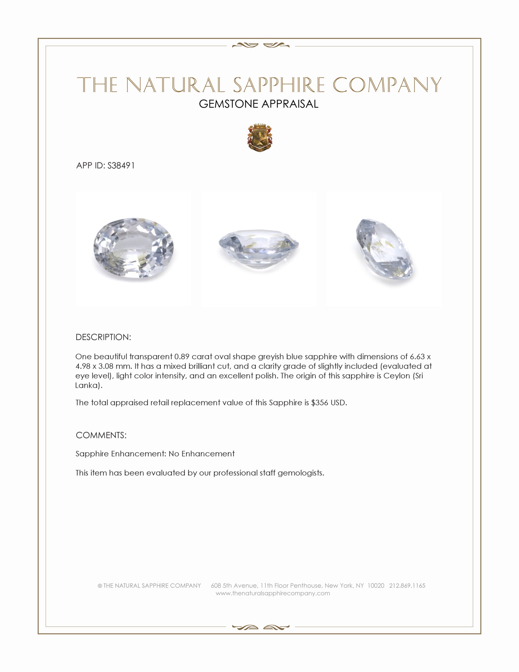 0.89 Ct. Greyish Blue Sapphire from Ceylon (Sri Lanka)
