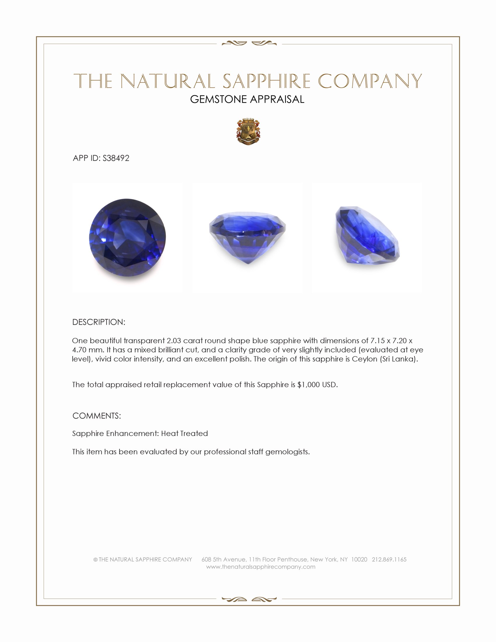 2.03 Ct. Blue Sapphire from Ceylon (Sri Lanka)