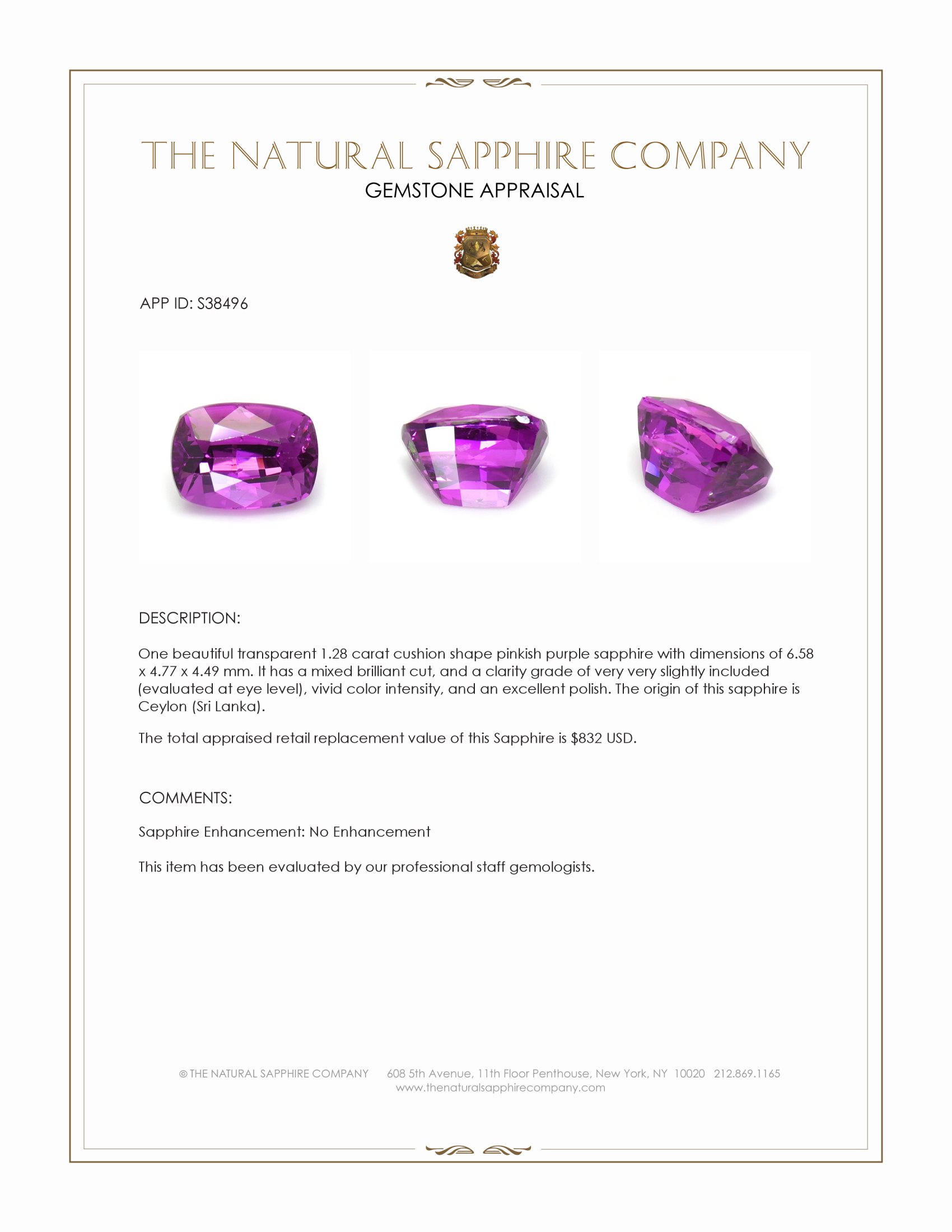 1.28 Ct. Pinkish Purple Sapphire from Ceylon (Sri Lanka)