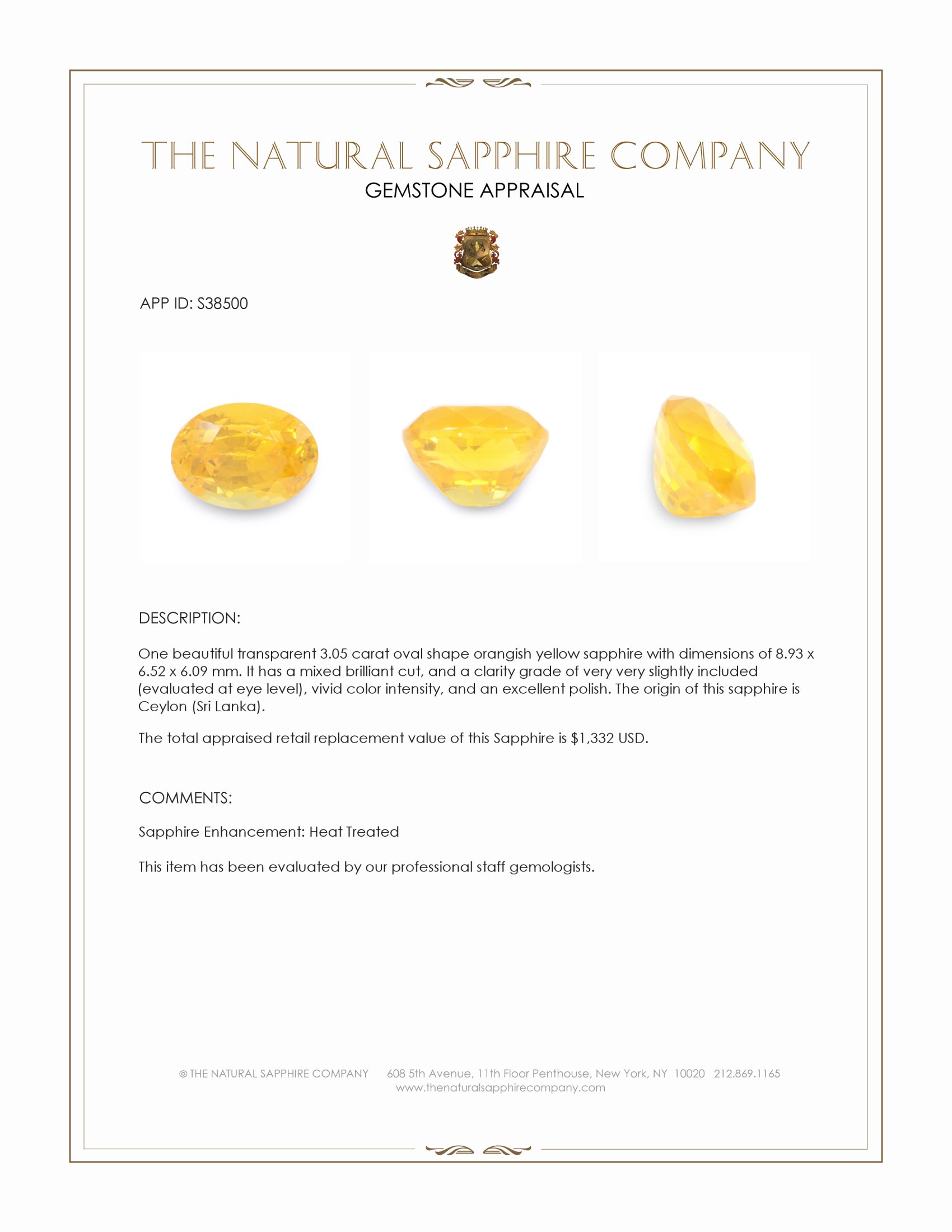 3.05 Ct. Orangish Yellow Sapphire from Ceylon (Sri Lanka)