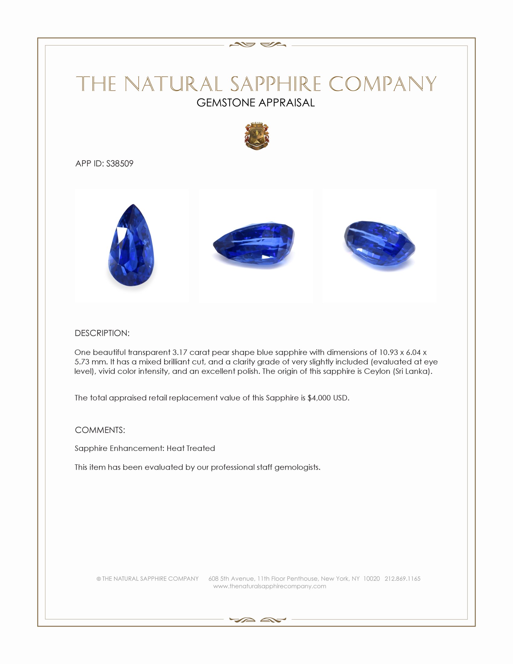 3.17 Ct. Blue Sapphire from Ceylon (Sri Lanka)